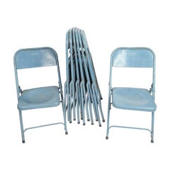 Eight Painted Blue Metal Chairs Indoor and Outdoor France 1950s by Unique