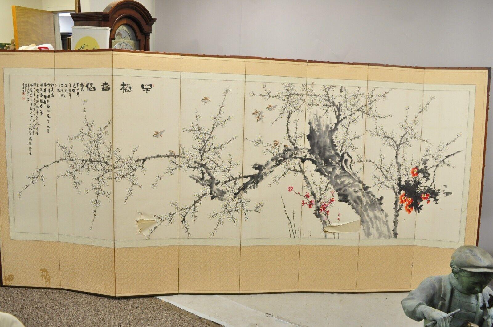 Large Vintage 8 Panel Japanese Cherry Blossom Painting Byobu Folding Screen Room Divider. Item features a double sided screen, cherry blossom watercolor painting print(?), large impressive size, faux bamboo wooden frame. Circa Mid 20th Century.