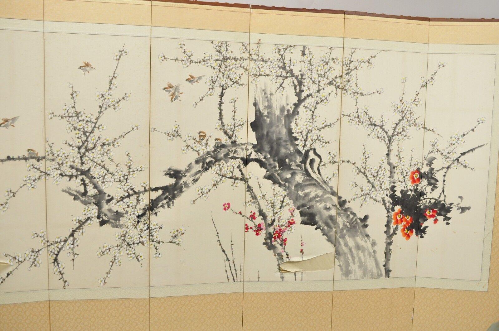 Wood 8 Panel Japanese Cherry Blossom Painting Byobu Folding Screen Room Divider For Sale