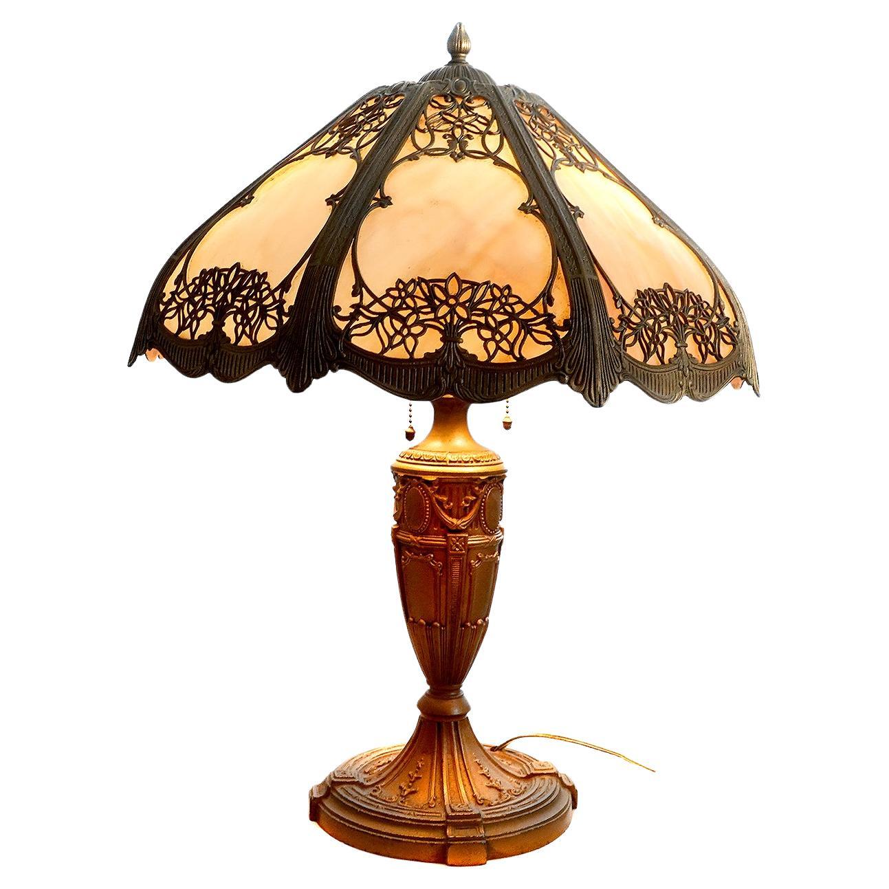 8 Panel Slump Glass Table Lamp with Floral Filigree Overlay For Sale