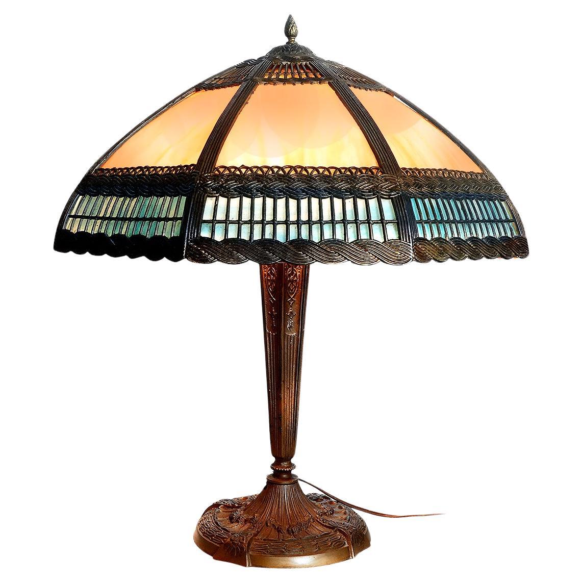 8 Panel Slump Glass Table Lamp with Stick and Rope Filigree Overlay For Sale