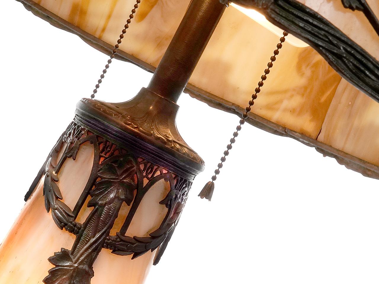 American 8 Panel Table Lamp with Floral Filigree, Slump Glass on Shade and Base For Sale