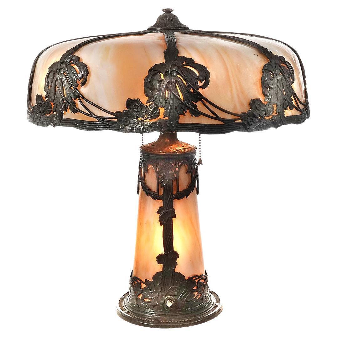 8 Panel Table Lamp with Floral Filigree, Slump Glass on Shade and Base