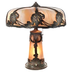 Antique 8 Panel Table Lamp with Floral Filigree, Slump Glass on Shade and Base