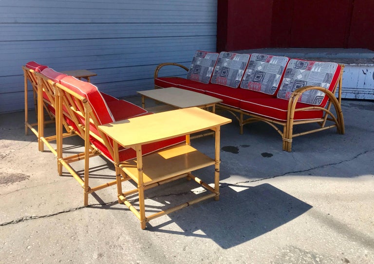 Eight-Piece Art Deco Bamboo, Barkcloth Cushion Seating by 