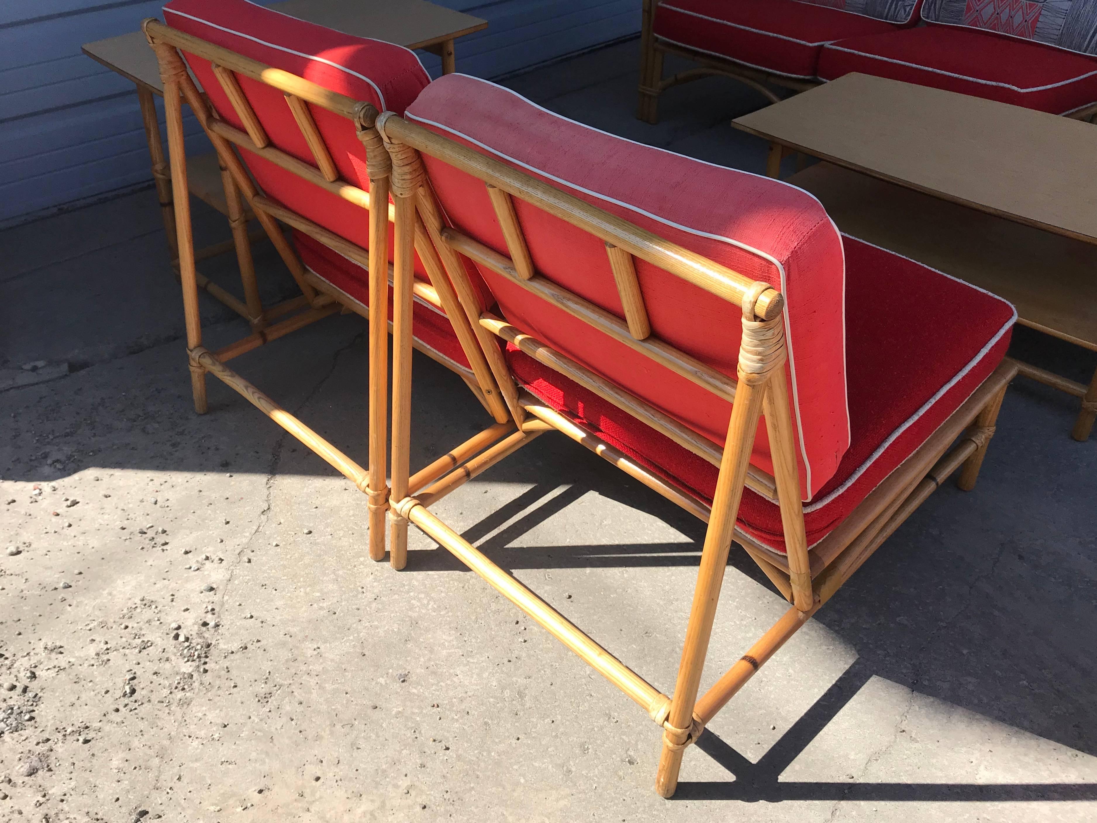 Eight-Piece Art Deco Bamboo, Barkcloth Cushion Seating by Heywood-Wakefield In Good Condition In Buffalo, NY