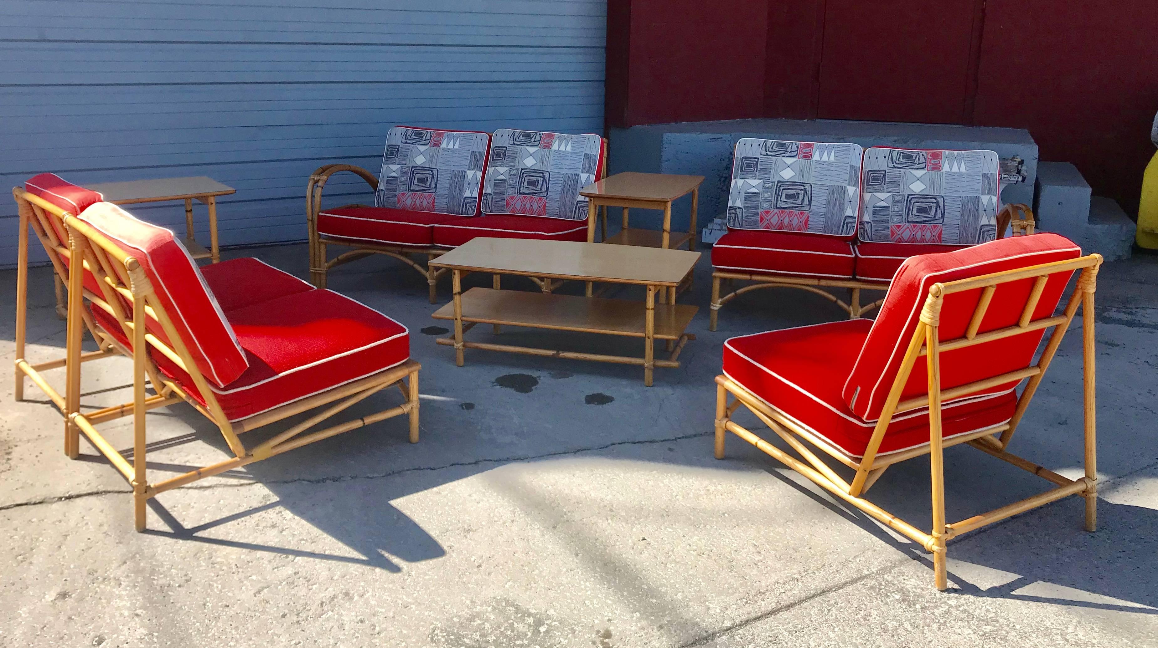 20th Century Eight-Piece Art Deco Bamboo, Barkcloth Cushion Seating by Heywood-Wakefield