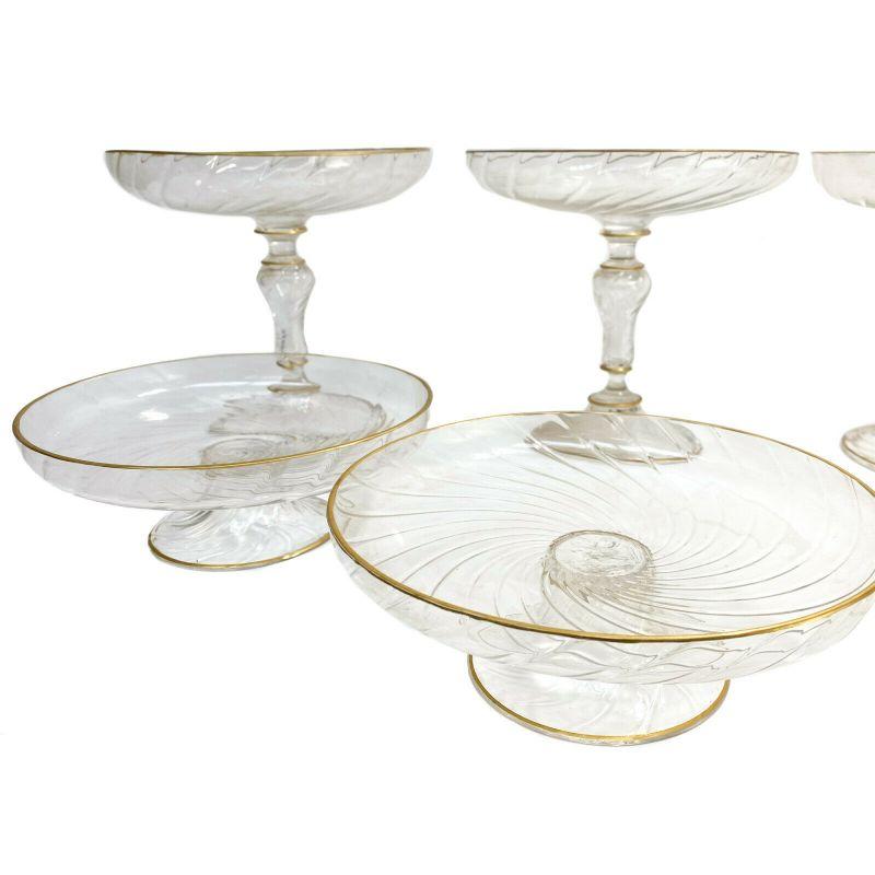 8 piece glass Tazza & Compote tableware service by Lobmeyr, circa 1900

A continuous swirl pattern from the base to the stem and up to the bowl. With Gilt Highlights. Signed to 2 tazzas and 2 compotes in Gilt to the underside with Lobmeyr