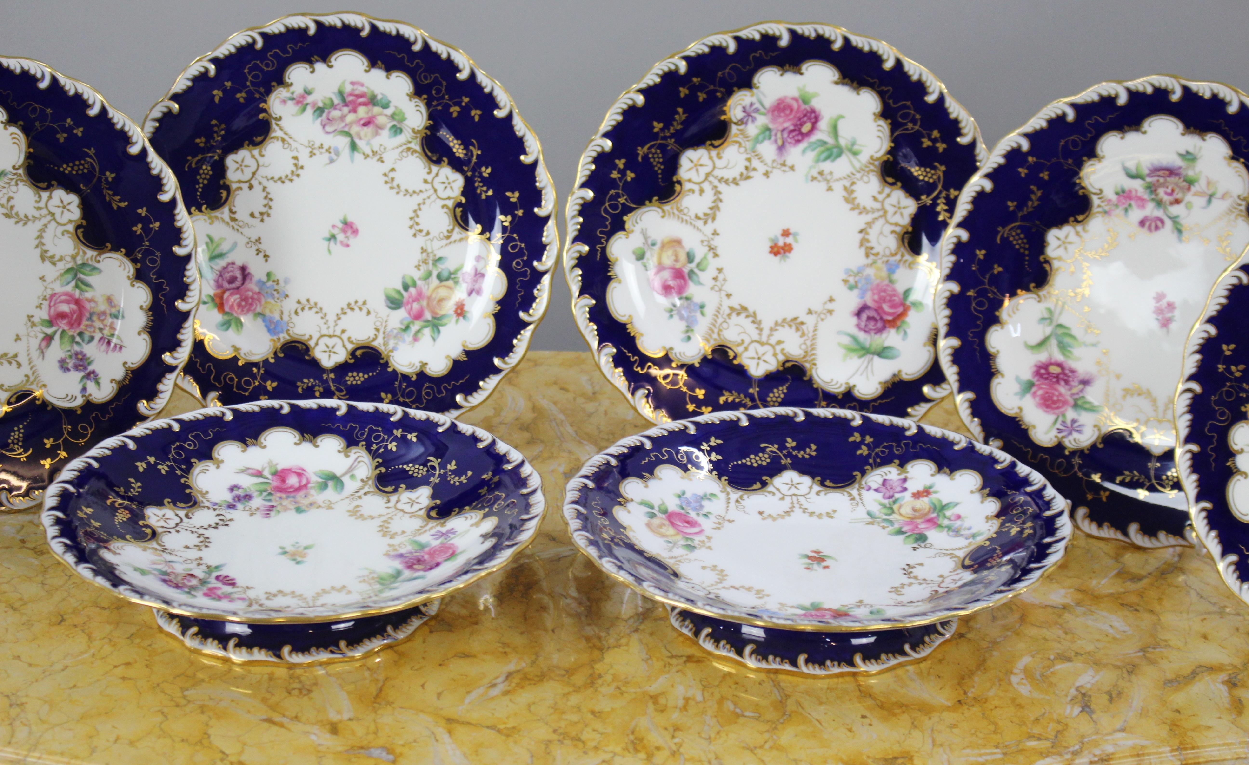 8 Piece Minton Floral Cobalt Dessert Service, circa 1900 In Good Condition For Sale In Worcester, Worcestershire