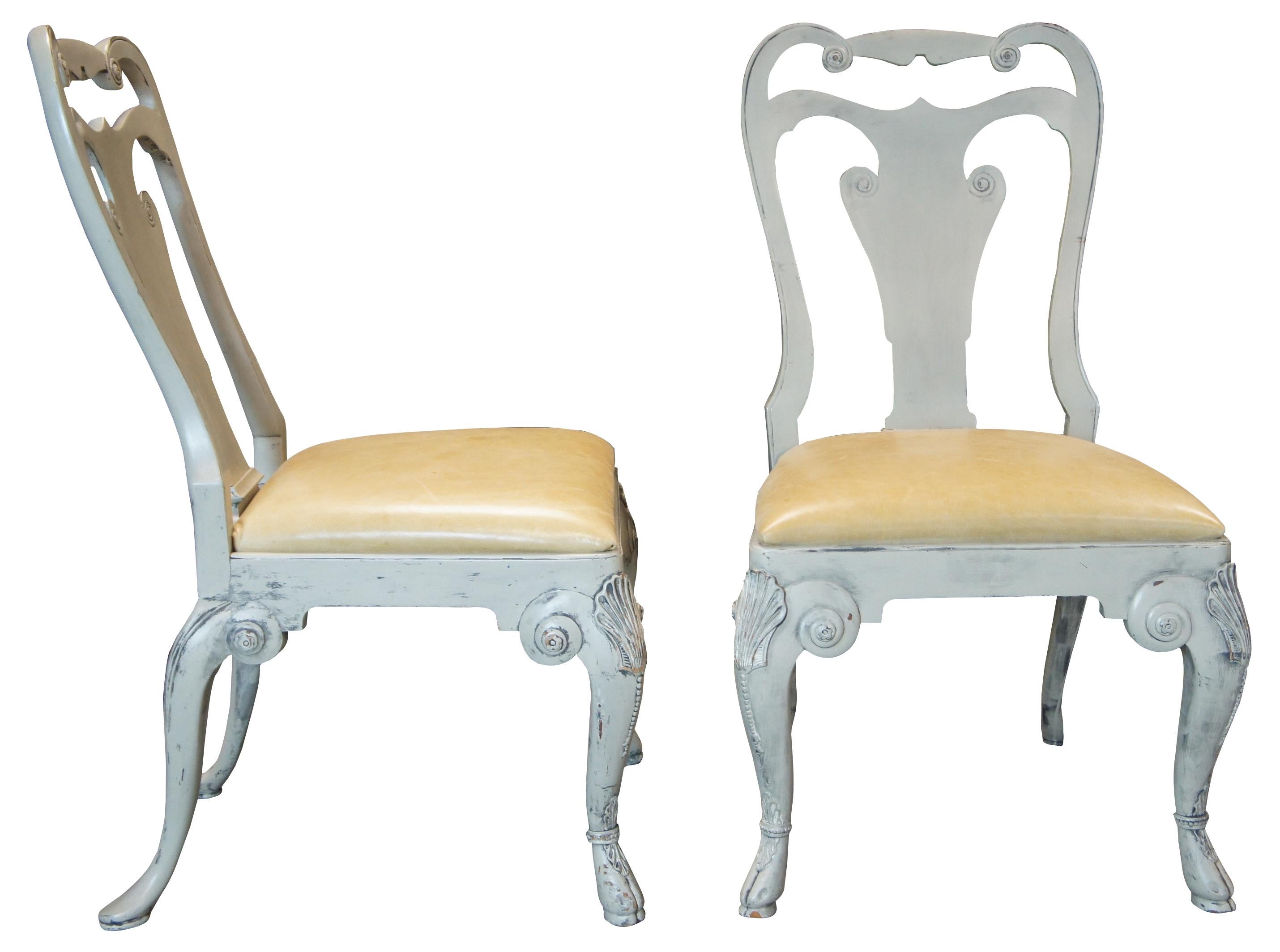 Eight vintage Ralph Lauren Henredon Beekman dining chairs. Made of mahogany with gray painted finish. Features George II styling with serpentine pierced shoulder, vase shaped back, legs are crowned with carved shells and rest on hoof feet, while the