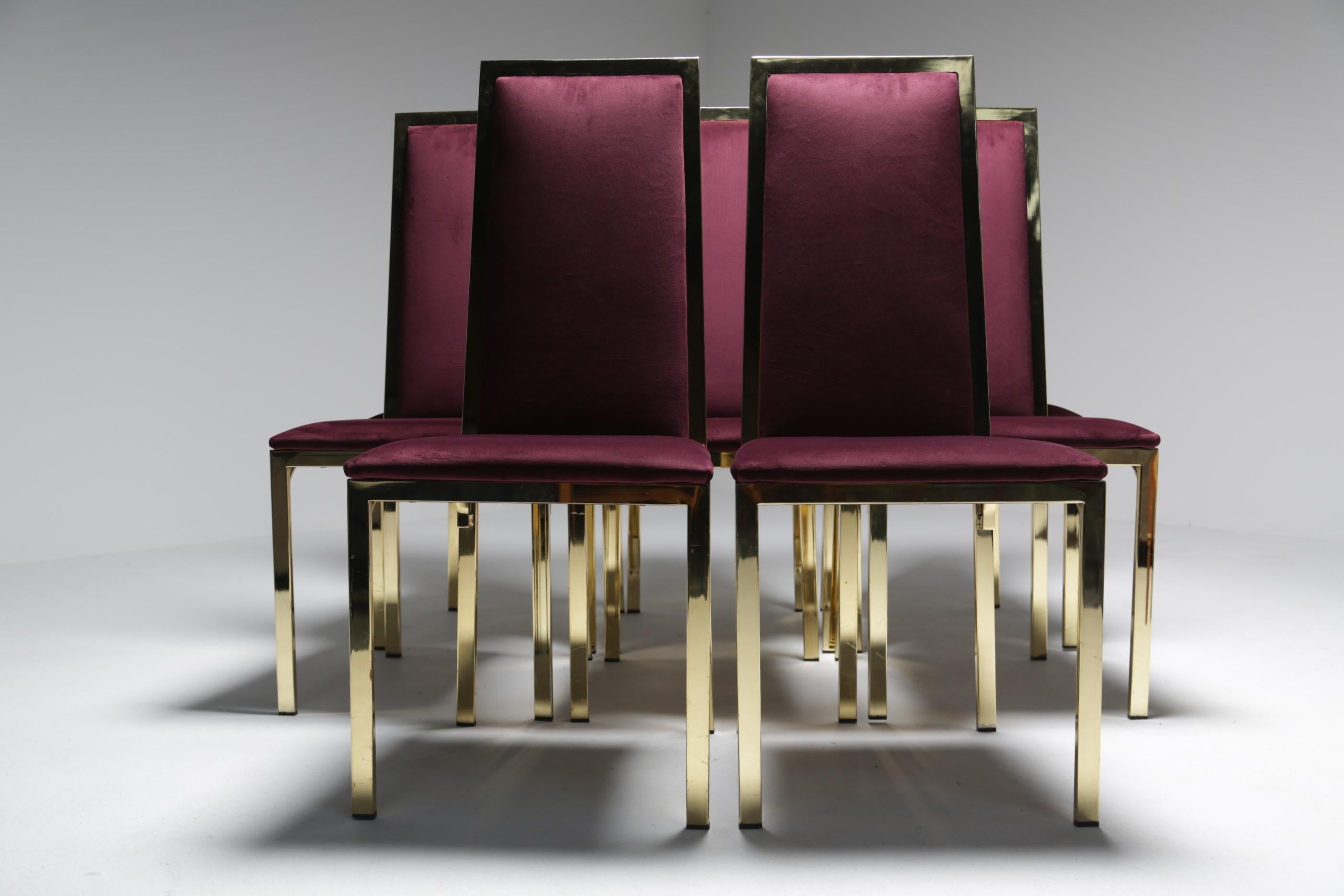 8 Romeo Rega Italian Brass Dining Chairs in Purple Velvet For Sale 4