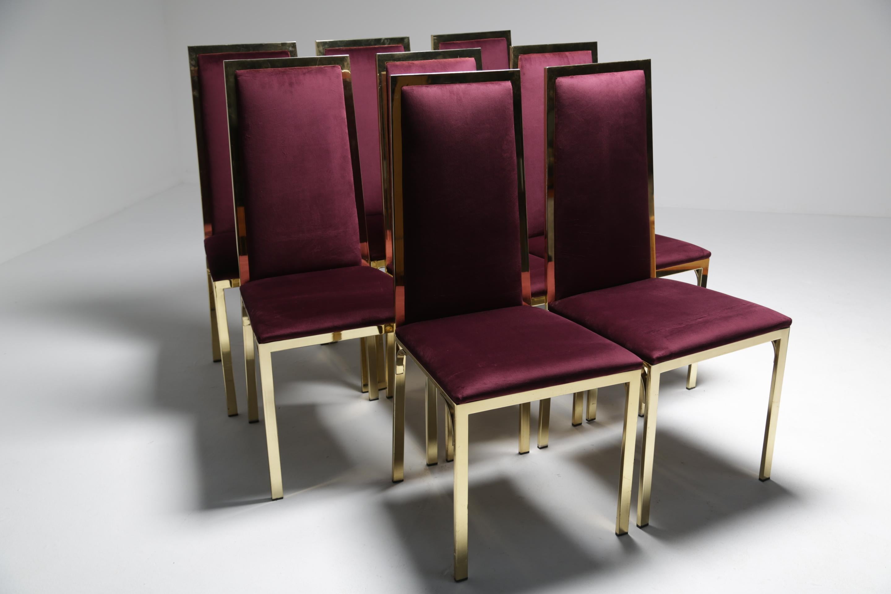 8 Romeo Rega Italian Brass Dining Chairs in Purple Velvet For Sale 5
