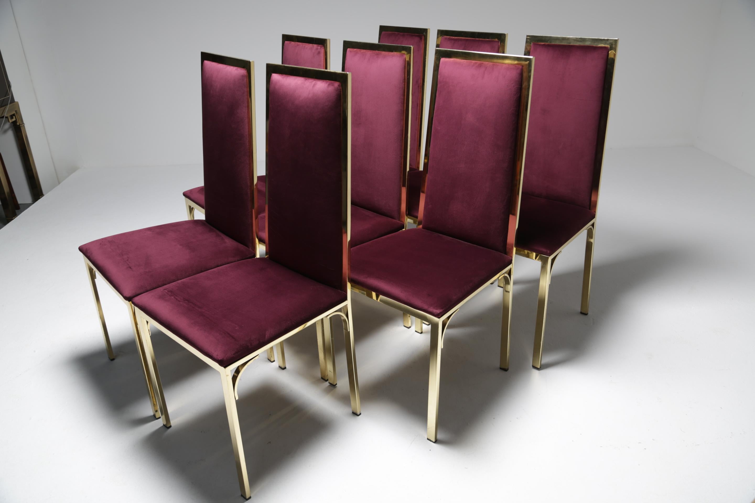 8 Romeo Rega Italian Brass Dining Chairs in Purple Velvet For Sale 6