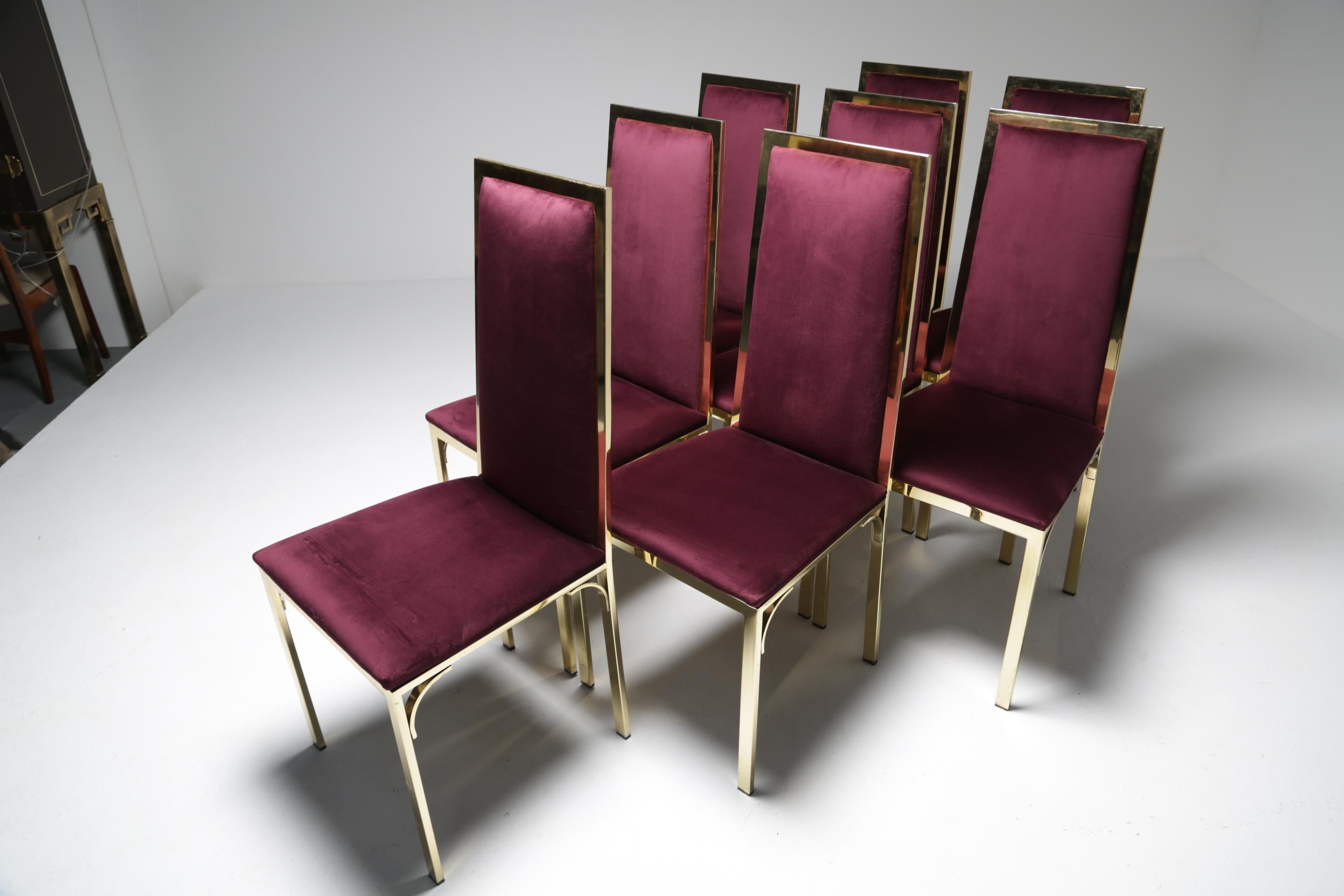 Mid-Century Modern 8 Romeo Rega Italian Brass Dining Chairs in Purple Velvet For Sale