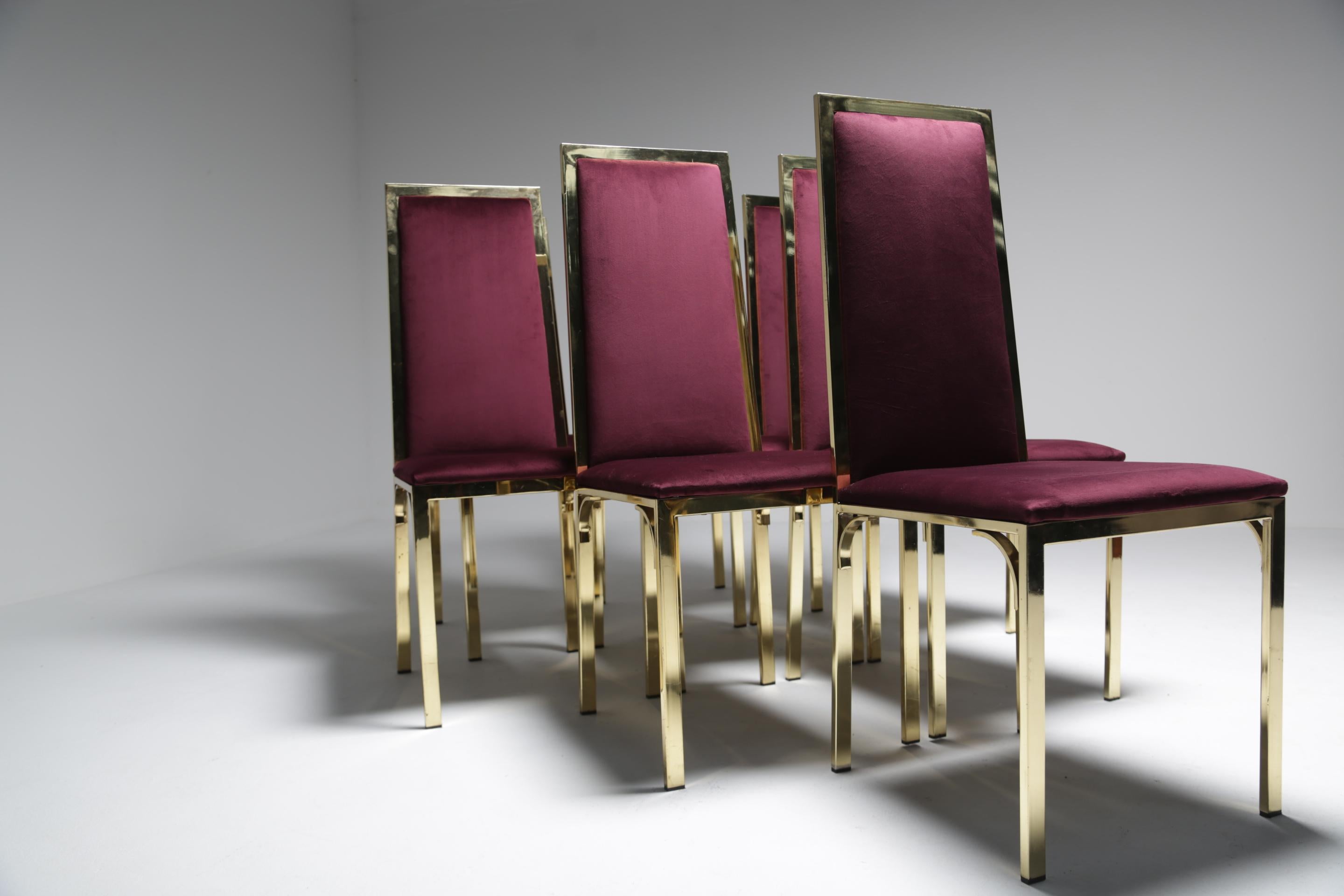 Plated 8 Romeo Rega Italian Brass Dining Chairs in Purple Velvet For Sale