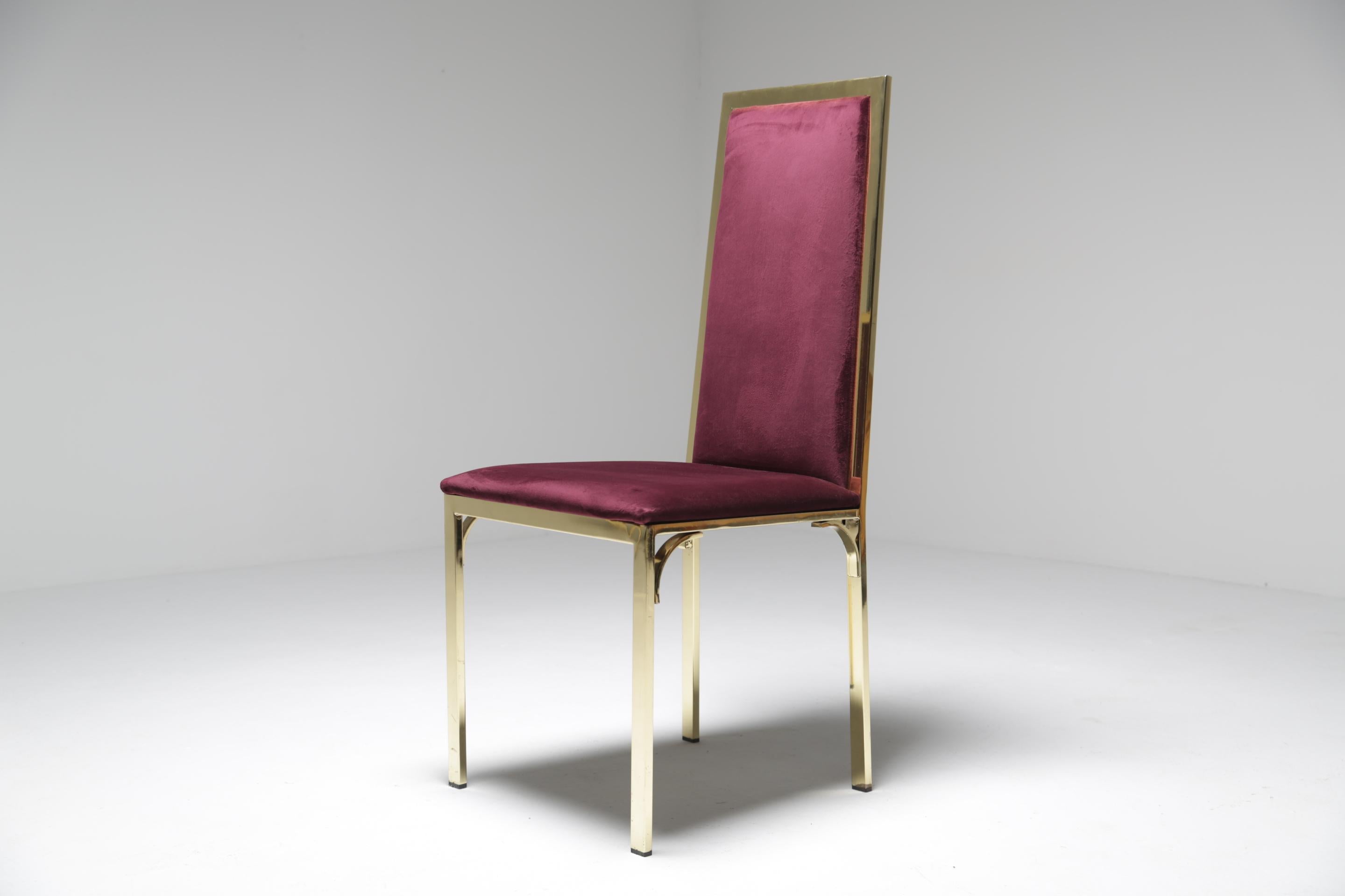 Late 20th Century 8 Romeo Rega Italian Brass Dining Chairs in Purple Velvet For Sale