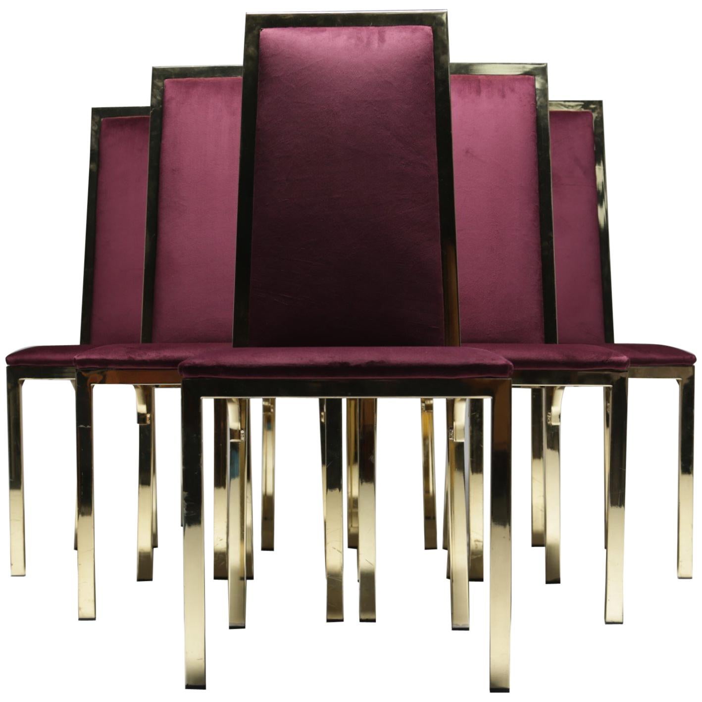 8 Romeo Rega Italian Brass Dining Chairs in Purple Velvet For Sale