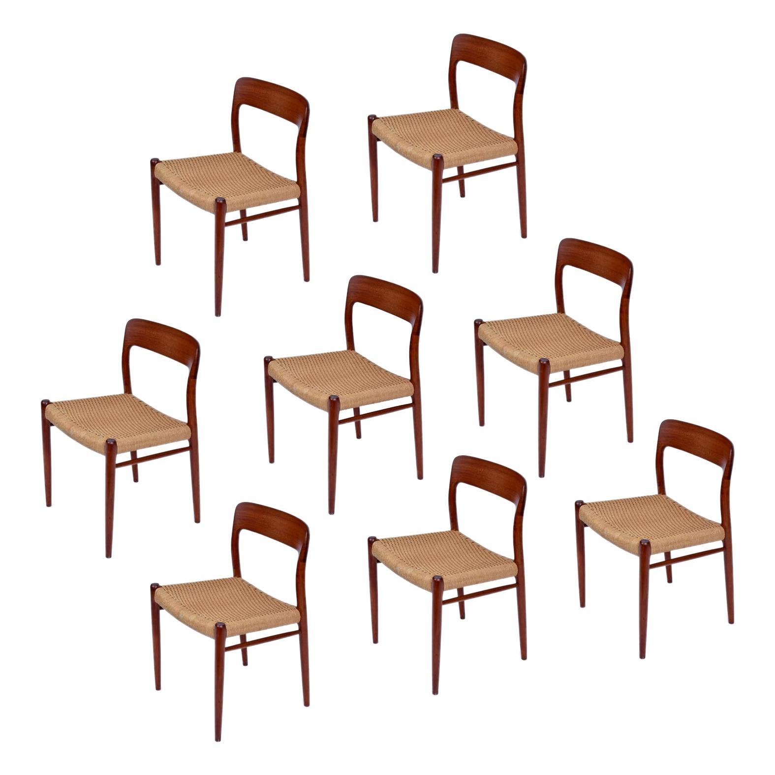 8 Roped Seat Danish Teak Dining Chairs Model 75 by Niels Otto Moller