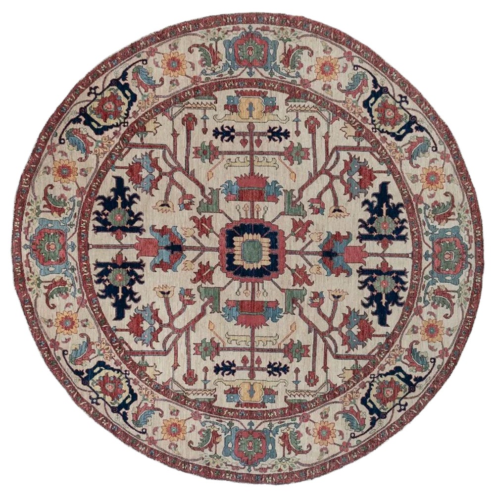 8' Round Hand-Knotted Afghan Serapi Tribal Wool Rug, Ivory Medallion For Sale