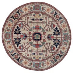 8' Round Hand-Knotted Afghan Serapi Tribal Wool Rug, Ivory Medallion