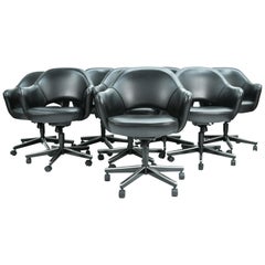 Set of 8 Saarinen for Knoll Executive Arm Chairs in Black Leather W/ Swivel Base