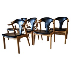 8 Scandinavian Cow Horn Chairs in Light Oak and Black Leather, Midcentury
