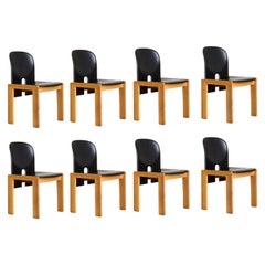 8 sedie Scarpa 121 in pelle nera e legno chiaro per Cassina Italy, anni '60