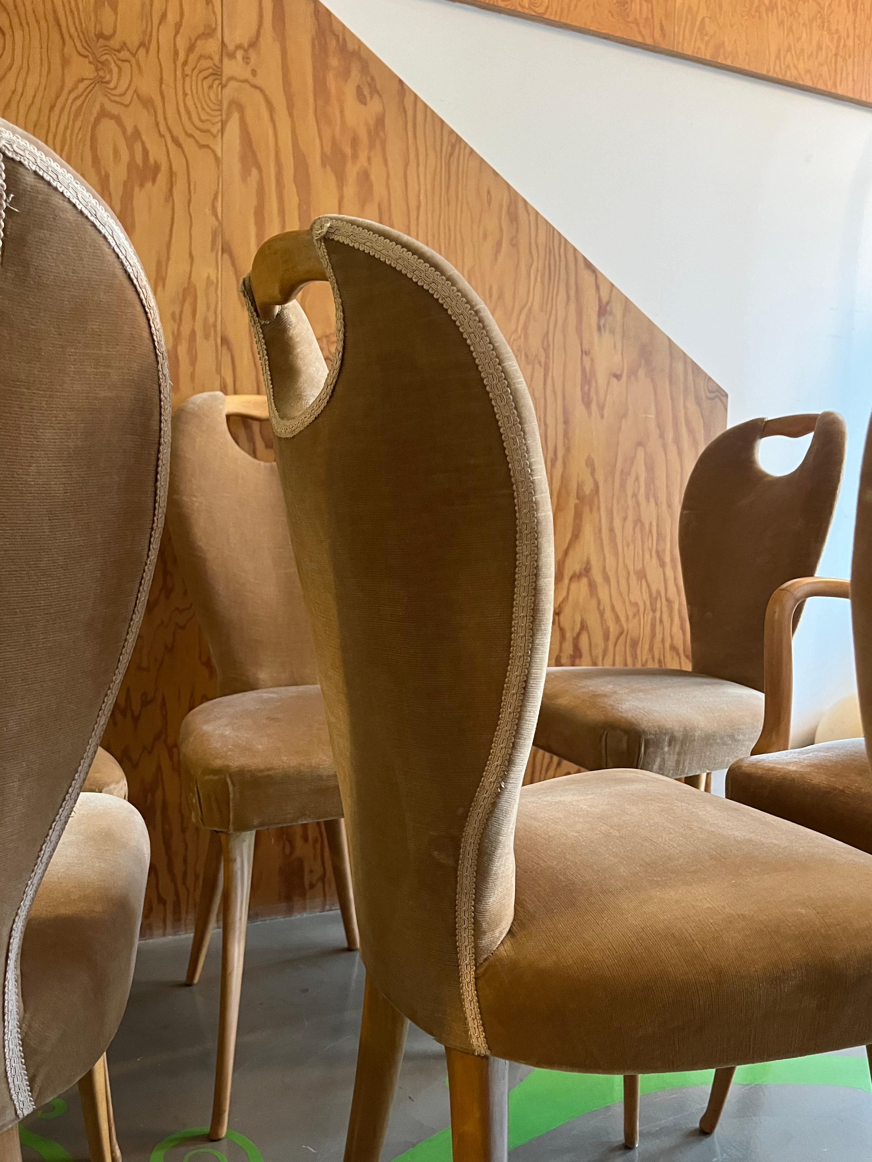 Italian 8 wood and fabric dining room chairs - Dassi Modern Furniture - 1960s For Sale