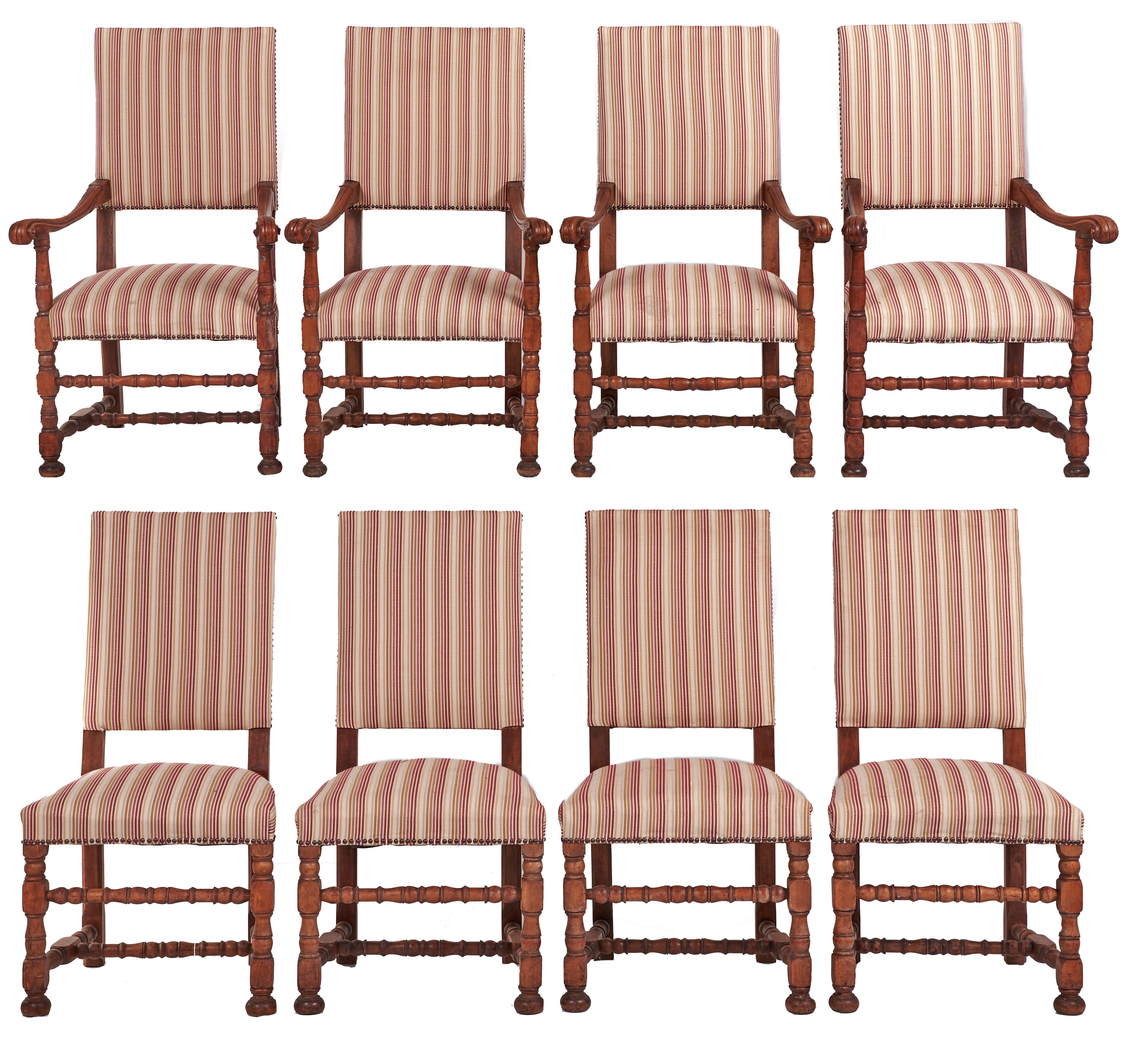 8 Set Armchairs Chairs Upholstered Fruitwood 19 Century Louis XIV Style Stripe For Sale 8