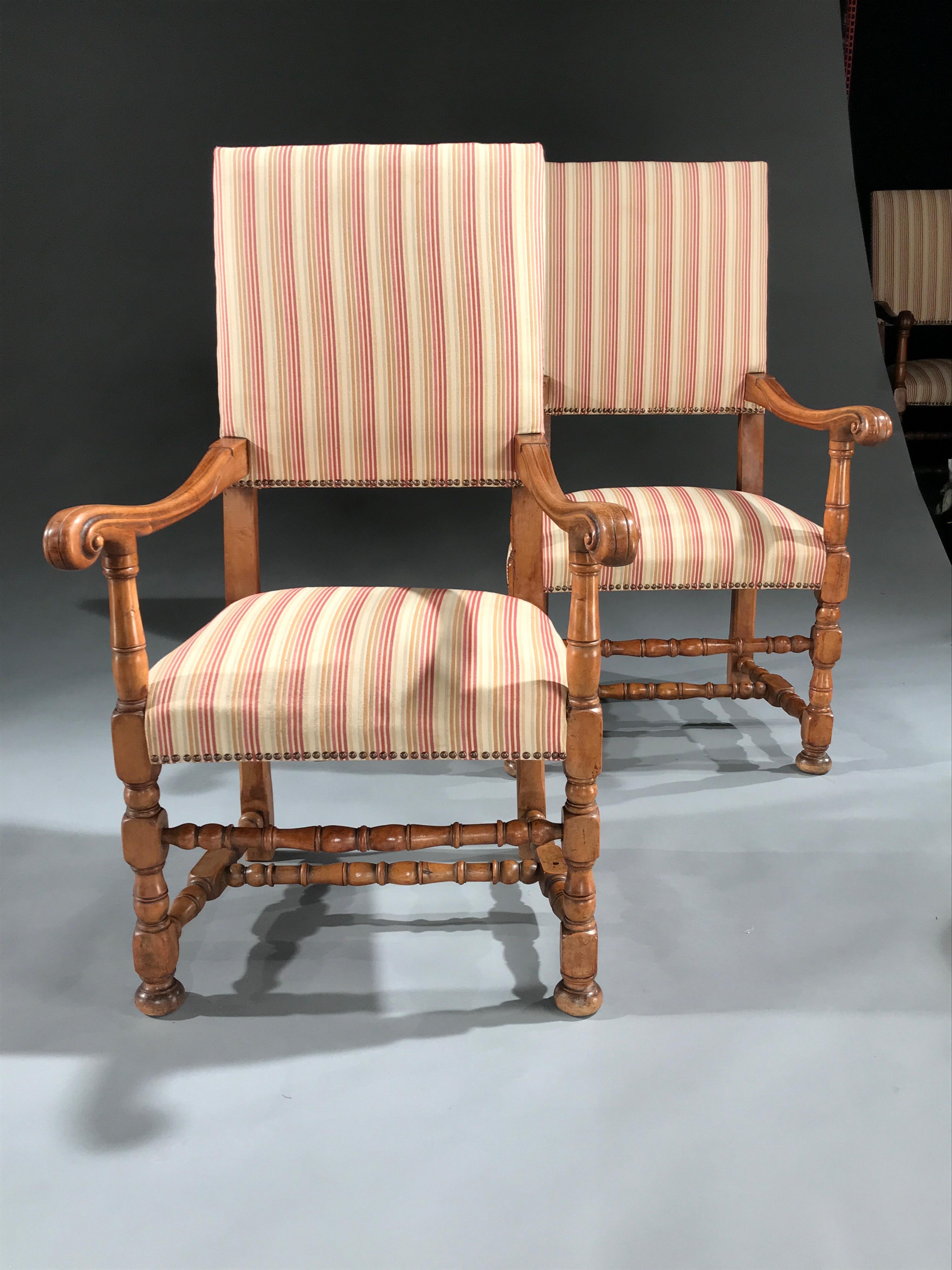 French 8 Set Armchairs Chairs Upholstered Fruitwood 19 Century Louis XIV Style Stripe For Sale