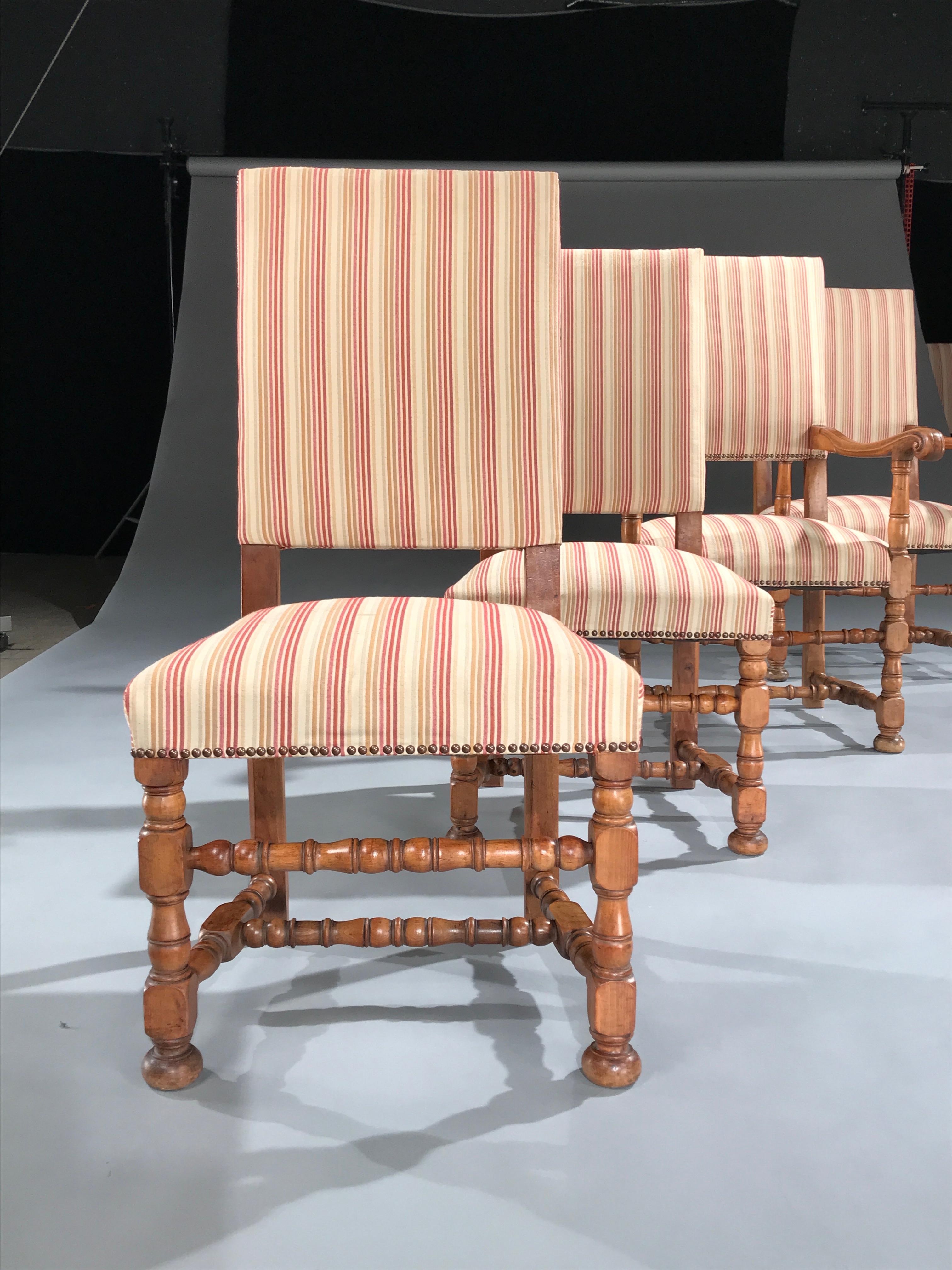 Joinery 8 Set Armchairs Chairs Upholstered Fruitwood 19 Century Louis XIV Style Stripe For Sale