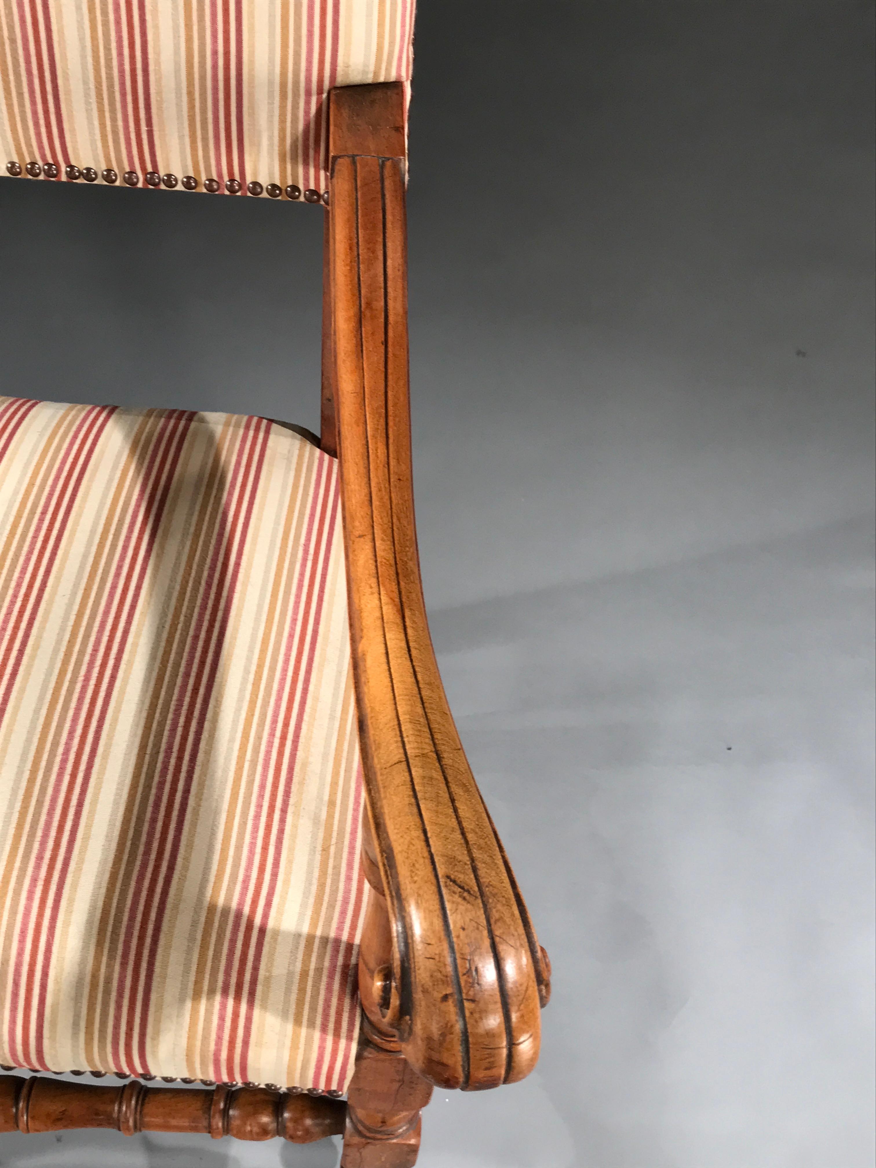 8 Set Armchairs Chairs Upholstered Fruitwood 19 Century Louis XIV Style Stripe In Good Condition For Sale In BUNGAY, SUFFOLK
