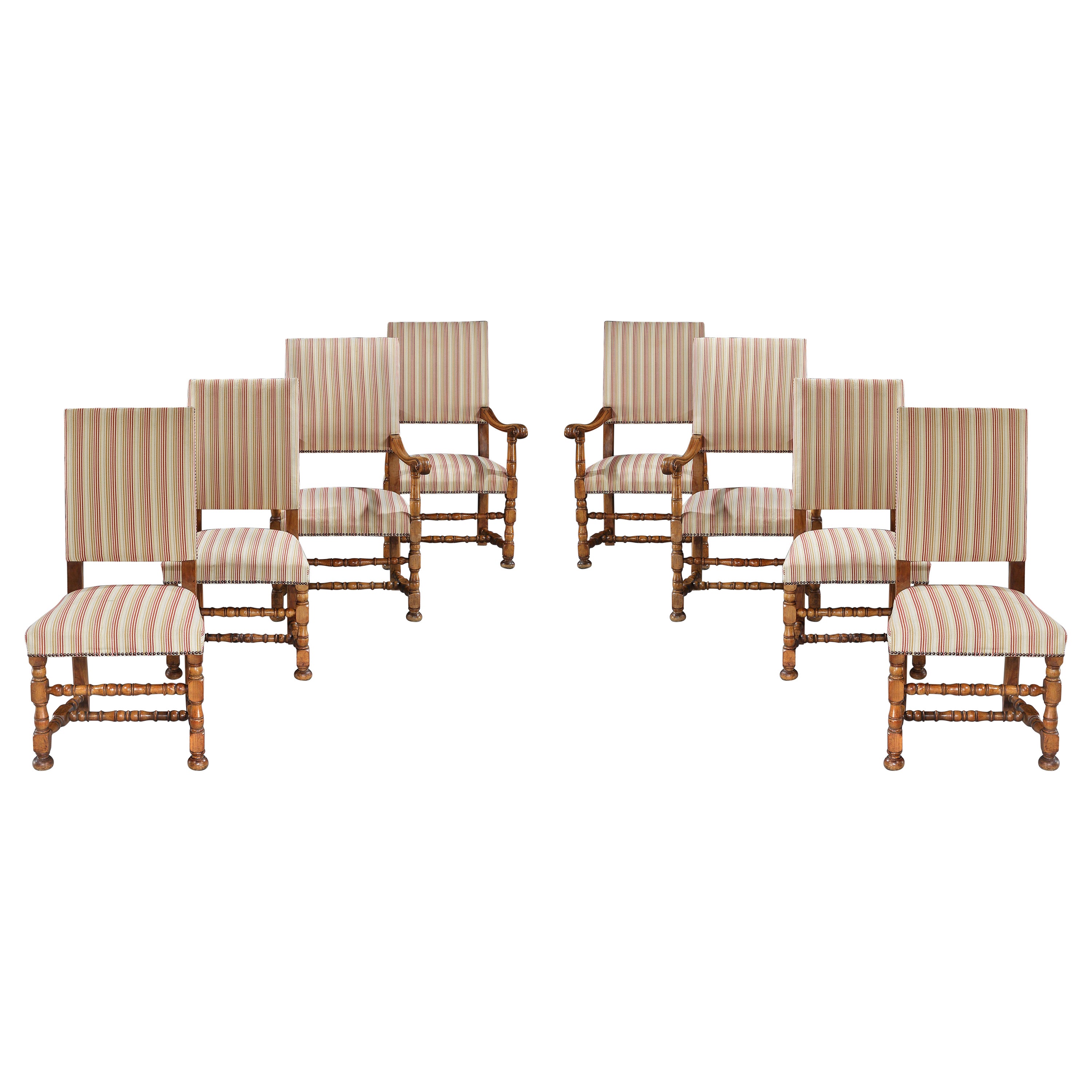 8 Set Fauteuils Chaises Tapissées Fruitwood 19 Century Louis XIV Style Stripe