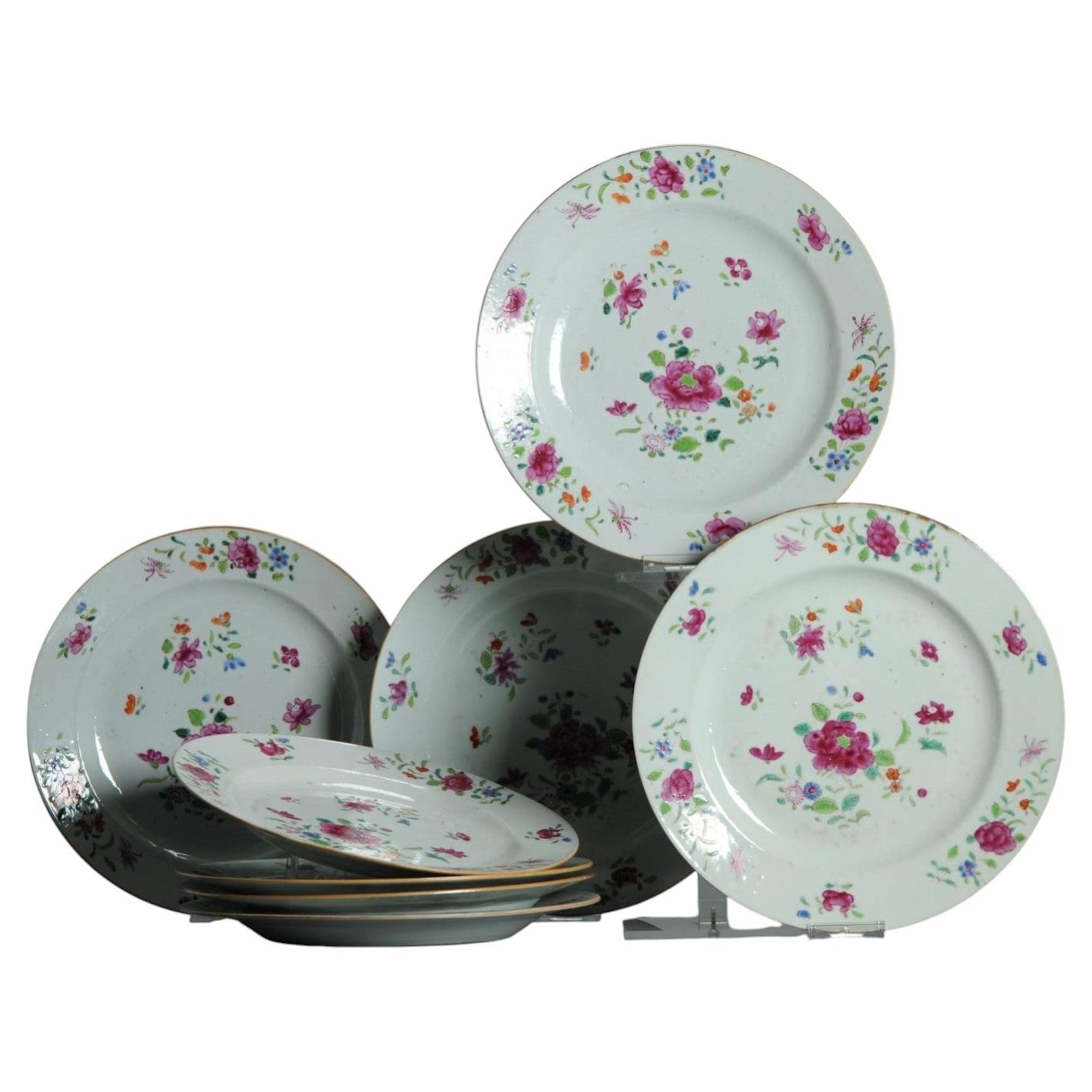 #8 Set Dinner Plates Antique 18C Chinese Qianlong Porcelain Dish Fencai Rose
