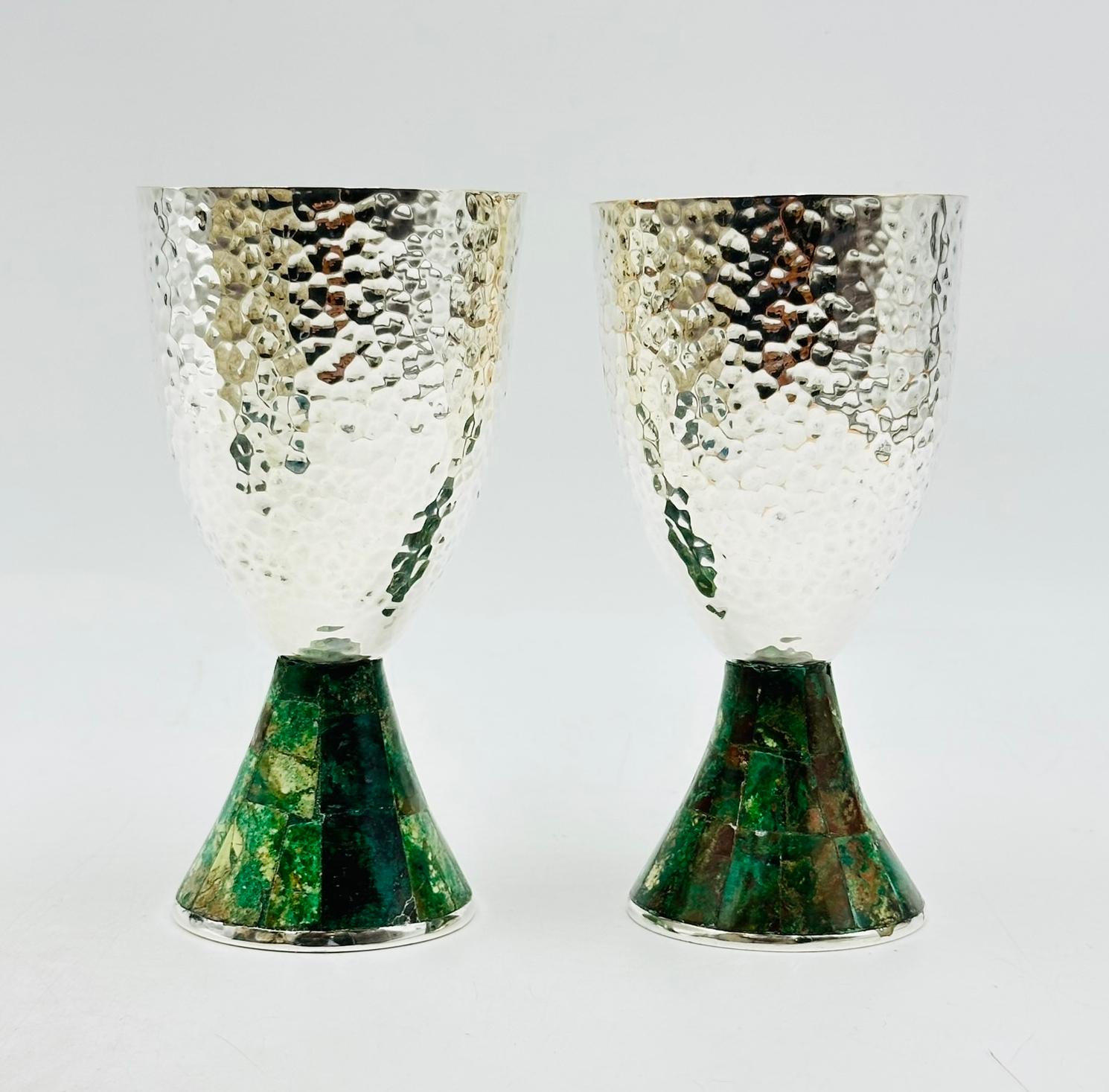 Seis copas de agua chapadas en plata y malaquita de Emilia Castillo para Los Castillo en venta 2