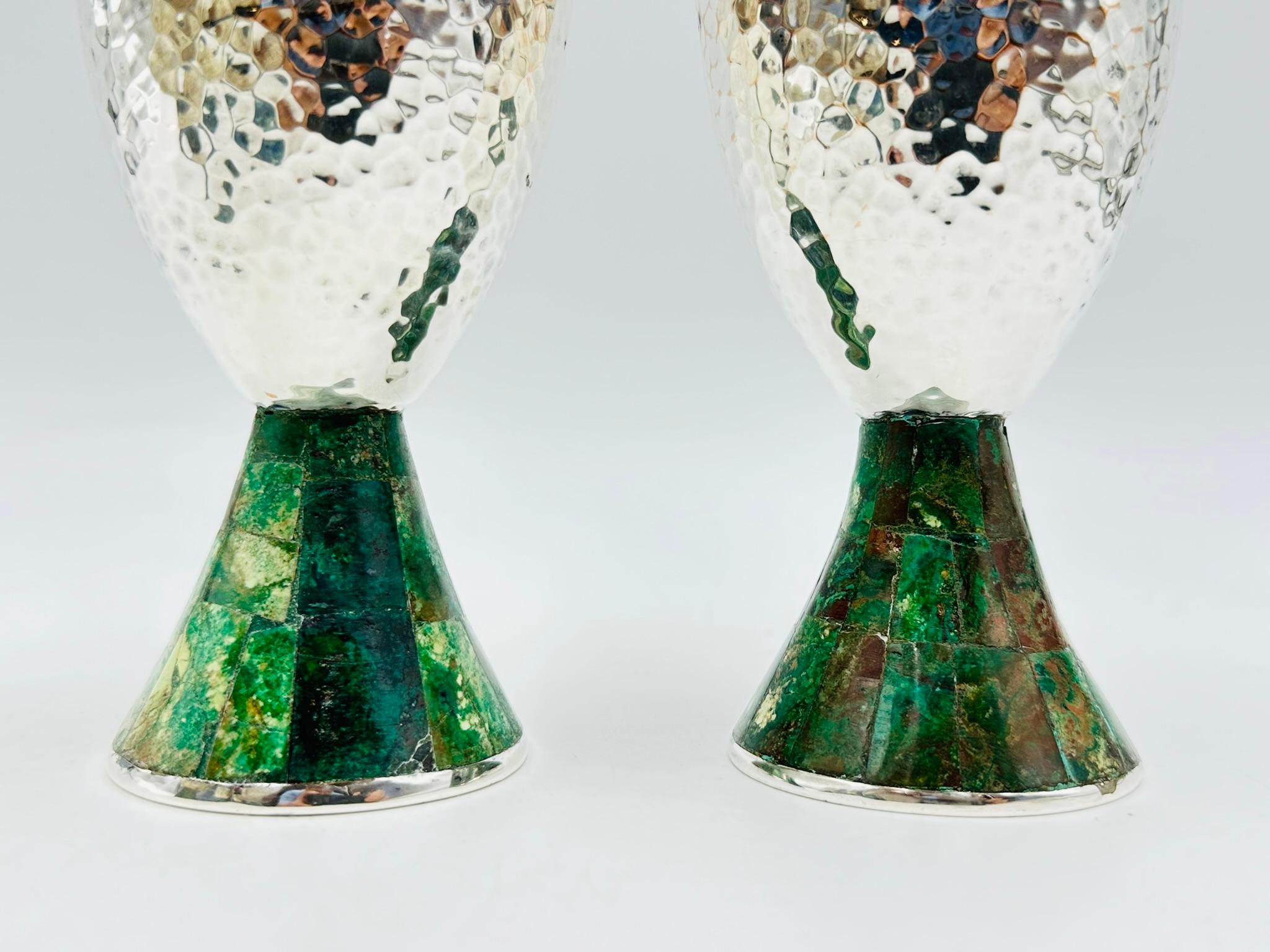 Seis copas de agua chapadas en plata y malaquita de Emilia Castillo para Los Castillo en venta 3