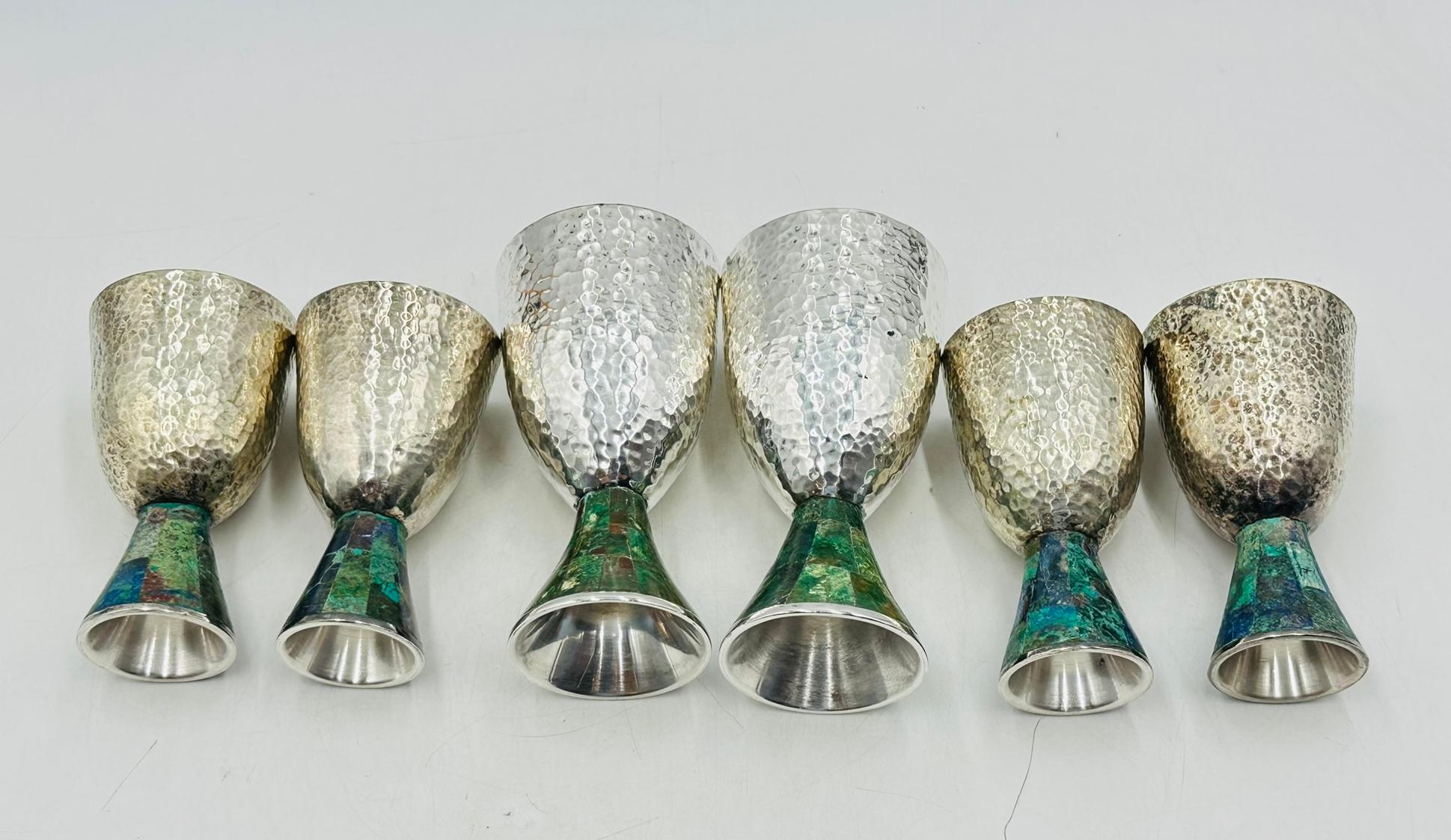 Seis copas de agua chapadas en plata y malaquita de Emilia Castillo para Los Castillo en venta 8