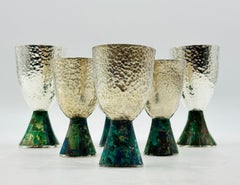 Six gobelets à eau en métal argenté et malachite d'Emilia Castillo pour Los Castillo