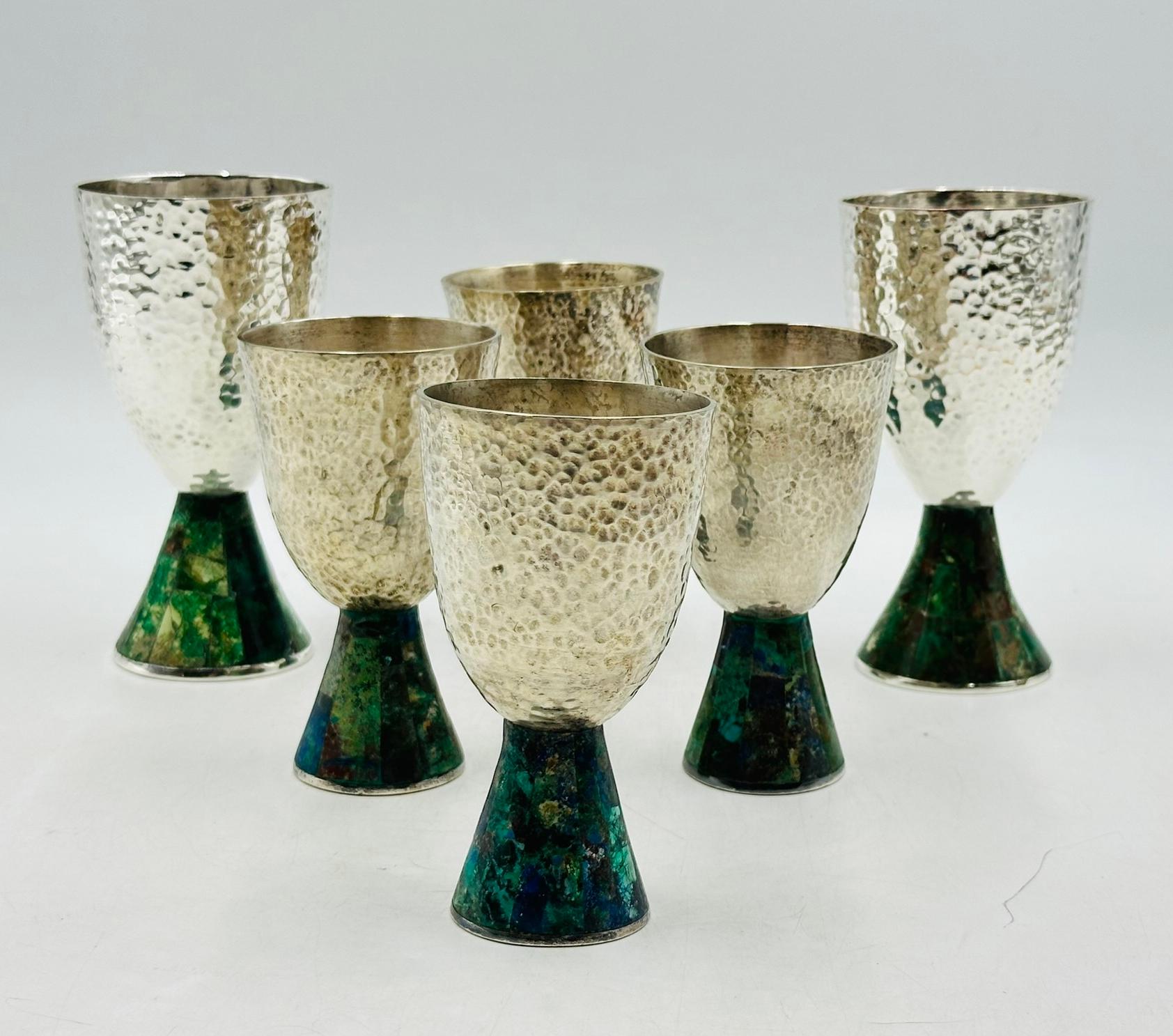 Seis copas de agua chapadas en plata y malaquita de Emilia Castillo para Los Castillo Moderno en venta