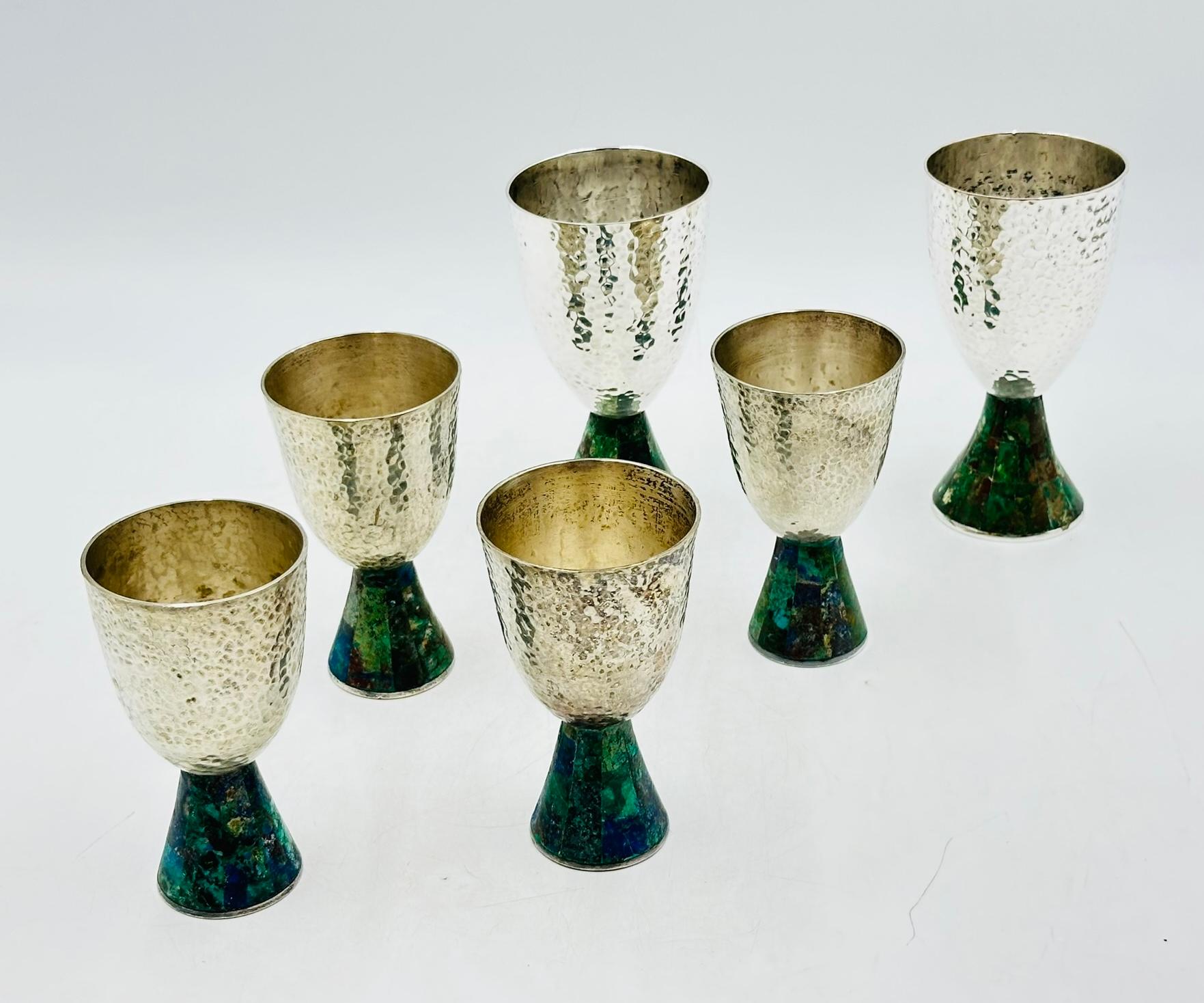Seis copas de agua chapadas en plata y malaquita de Emilia Castillo para Los Castillo en Bueno estado para la venta en Los Angeles, CA