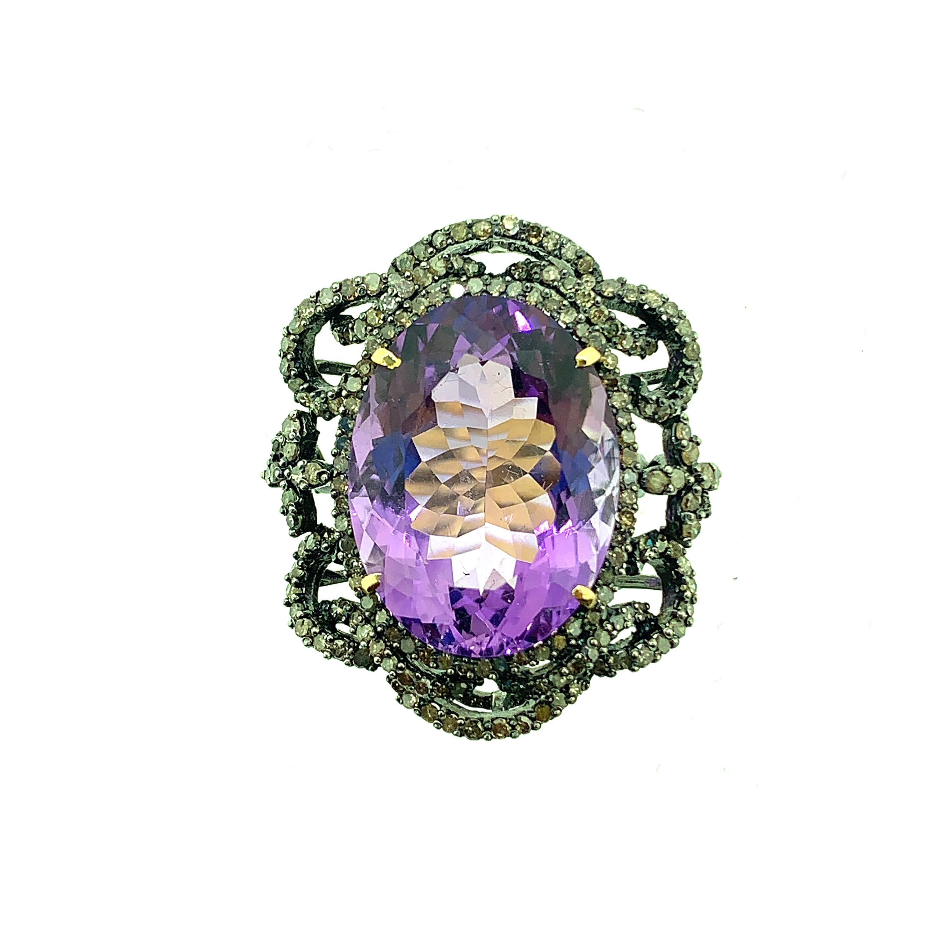 Contemporary 23.10 Carat Amethyst, Diamond Ring in Oxidized Sterling Silver, 14 Karat Gold For Sale