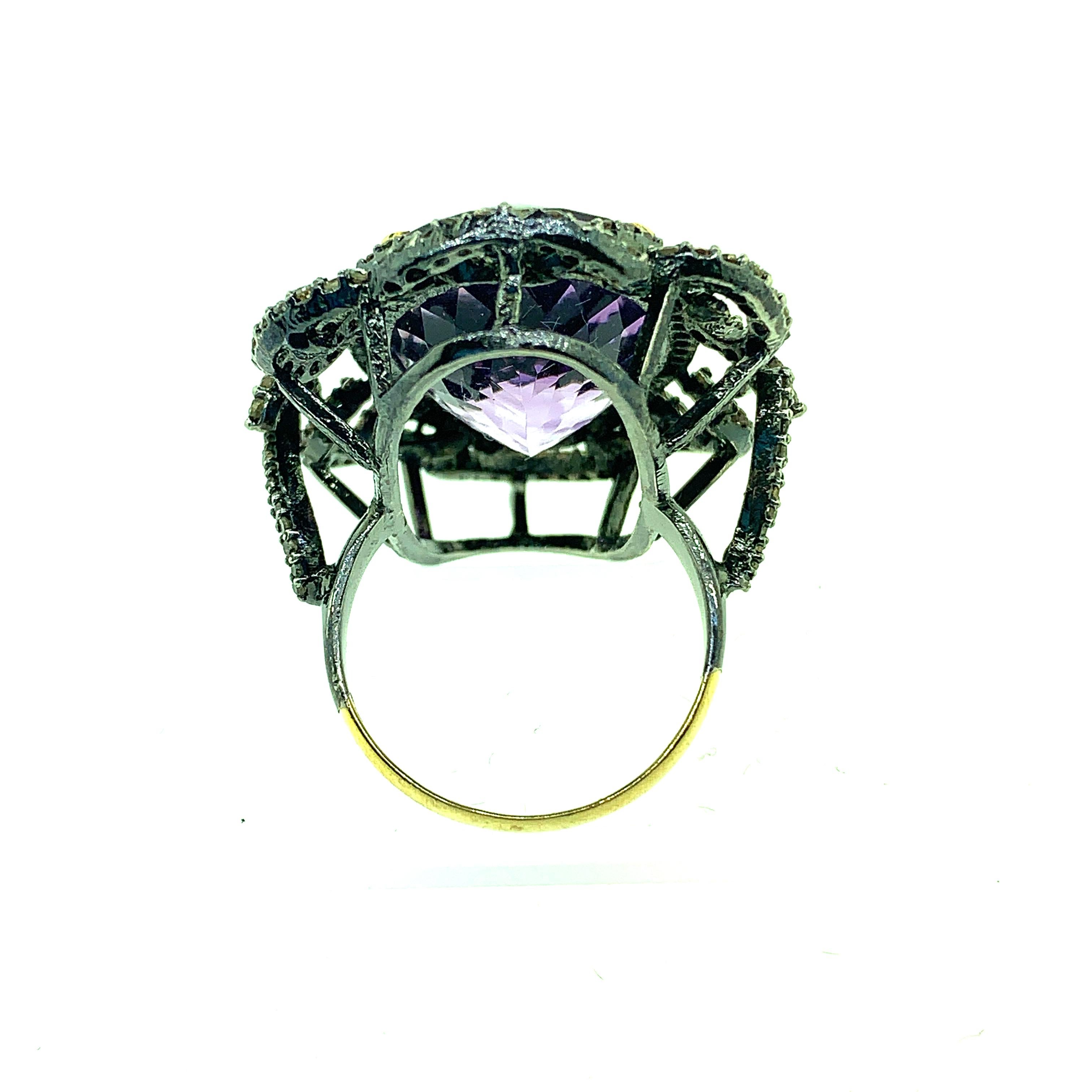 Oval Cut 23.10 Carat Amethyst, Diamond Ring in Oxidized Sterling Silver, 14 Karat Gold For Sale