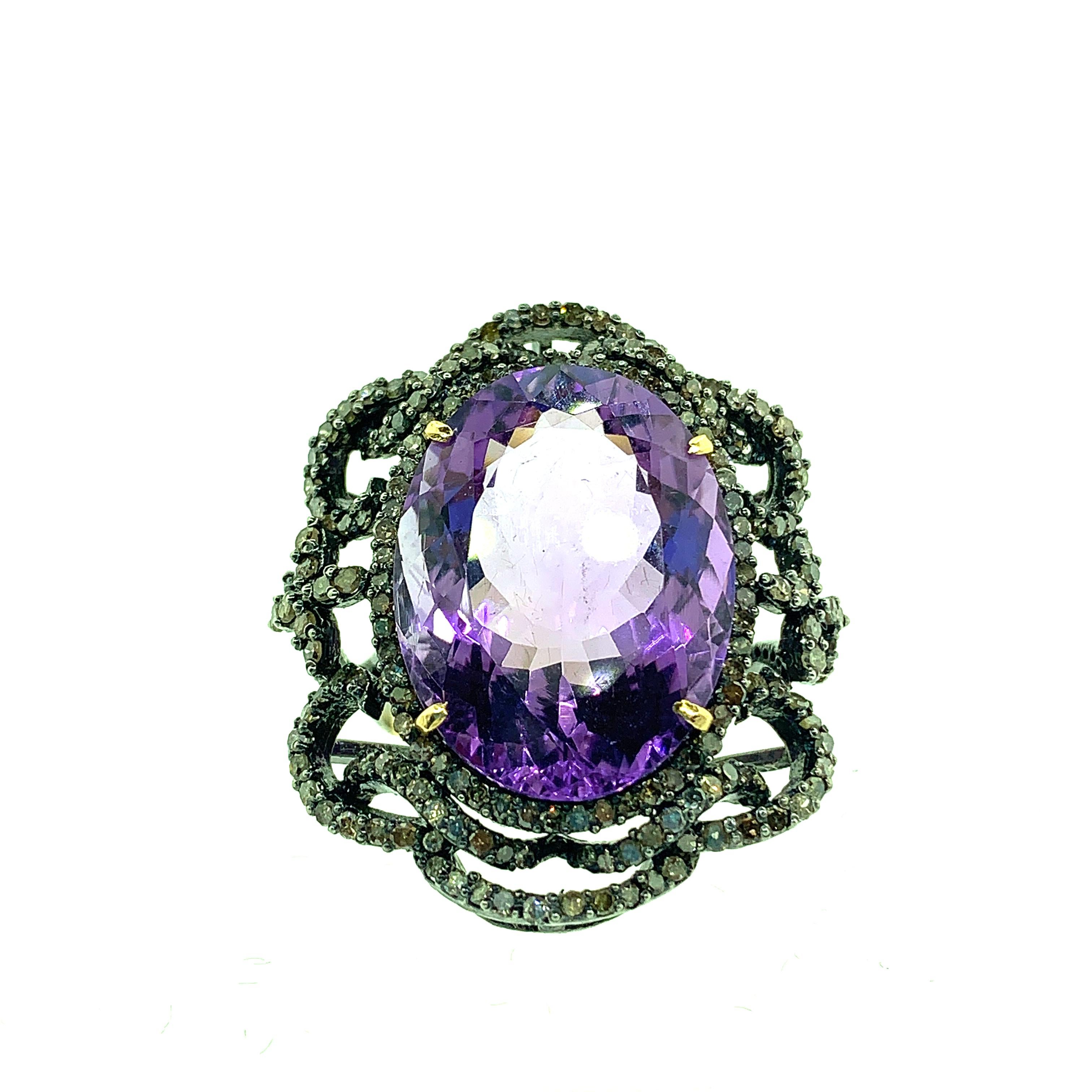 23.10 Carat Amethyst, Diamond Ring in Oxidized Sterling Silver, 14 Karat Gold In New Condition For Sale In New York, NY