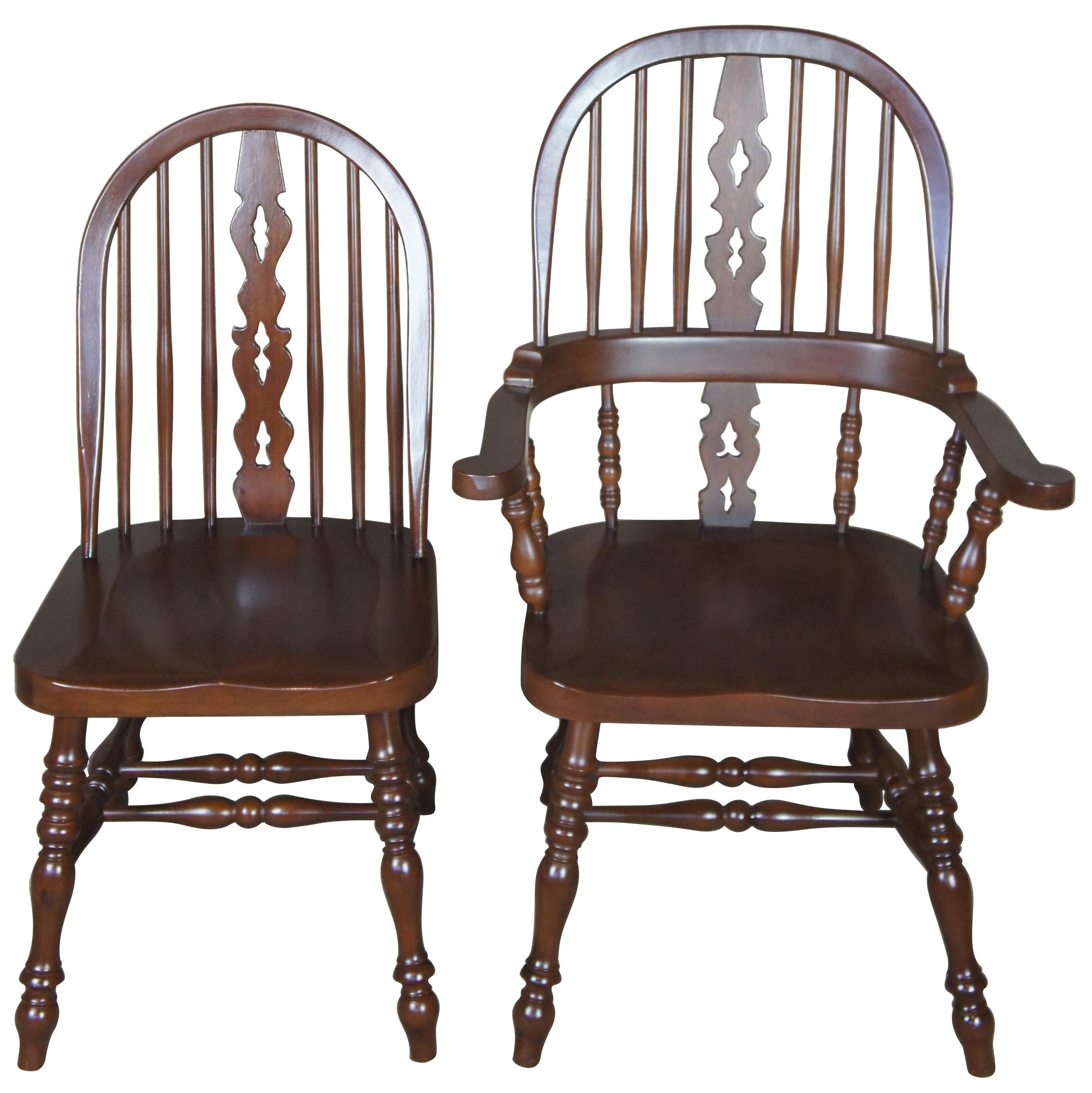 8 solid mahogany English Windsor style spindle back dining chairs

Set of eight solid mahogany English Windsor style spindle back dining chairs. Modeled after Ethan Allen Royal Charter Windsor collection, very heavy.