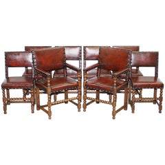 8 Solid Oak Bobbin Restored Hand Dyed Brown Leather Dining Chairs, circa 1900