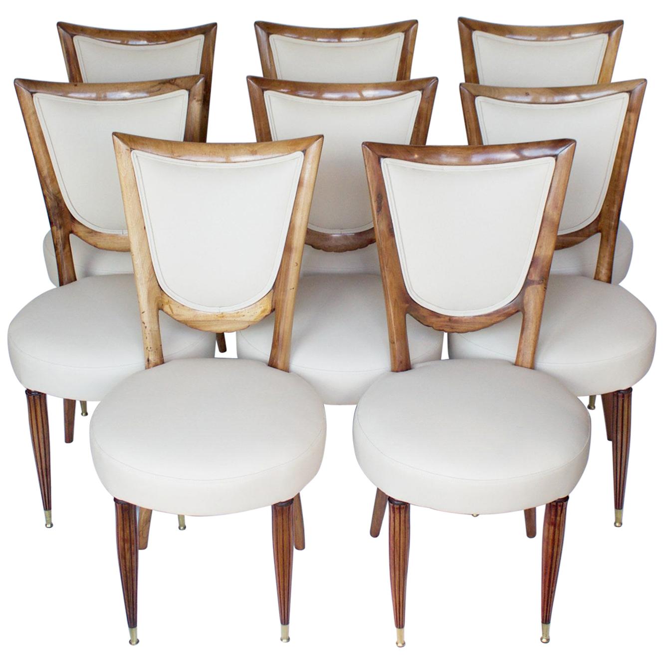 8 Solid Walnut Italian Art Deco Dining Chairs Upholstered in Cream Leather