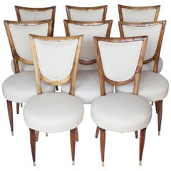 8 Solid Walnut Italian Art Deco Dining Chairs Upholstered in Cream Leather