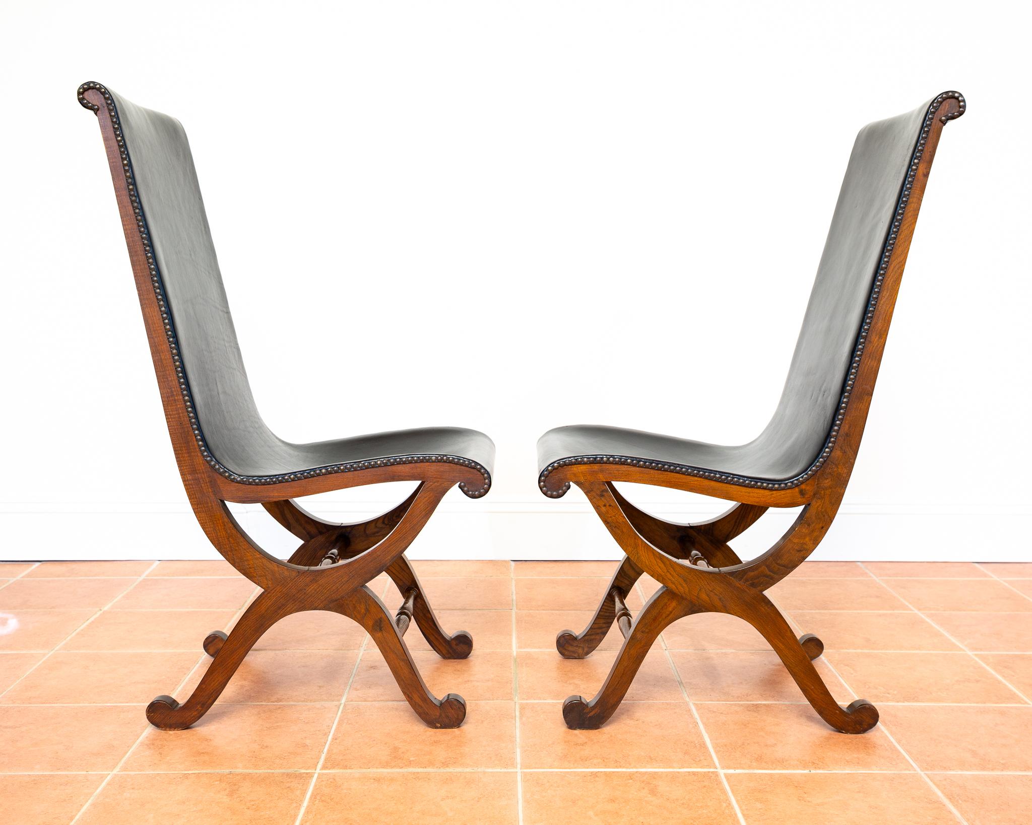 Pelle 8 Sedie da pranzo in pelle di Oak spagnolo Pierre Lottier Valmazan Mid Century in vendita