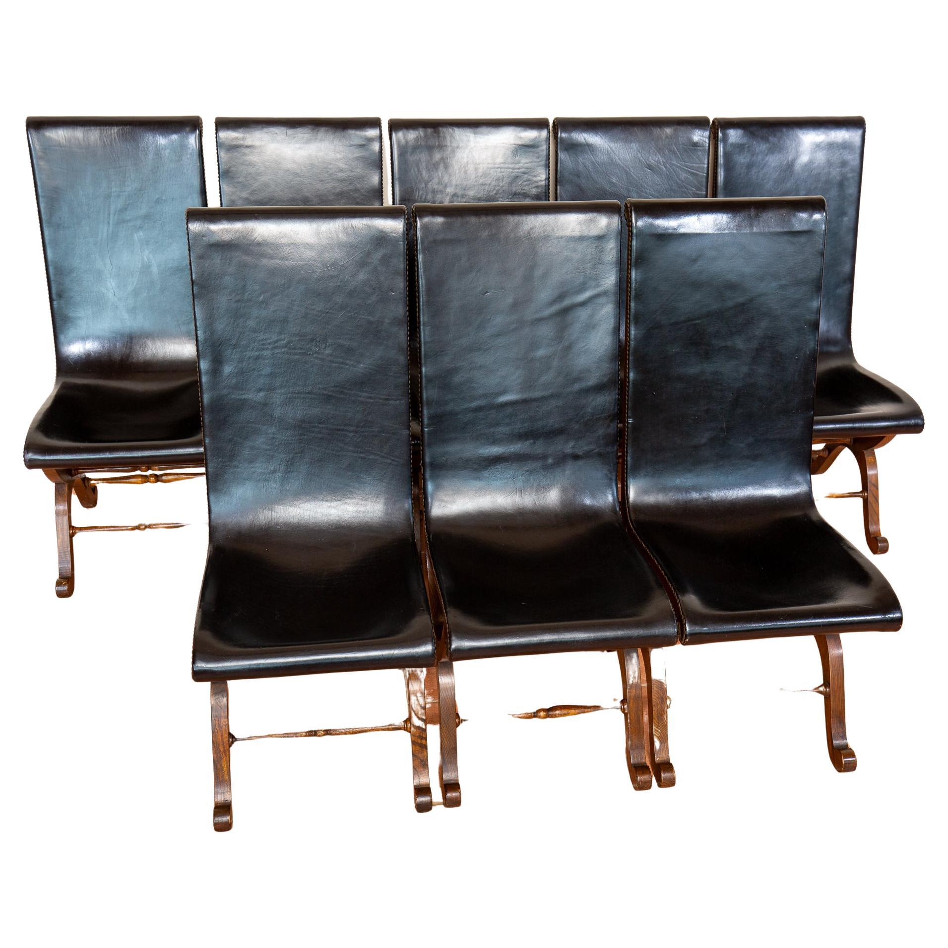8 Spanish Oak Leather Dining Chairs Spanish Pierre Lottier Valmazan Mid Century