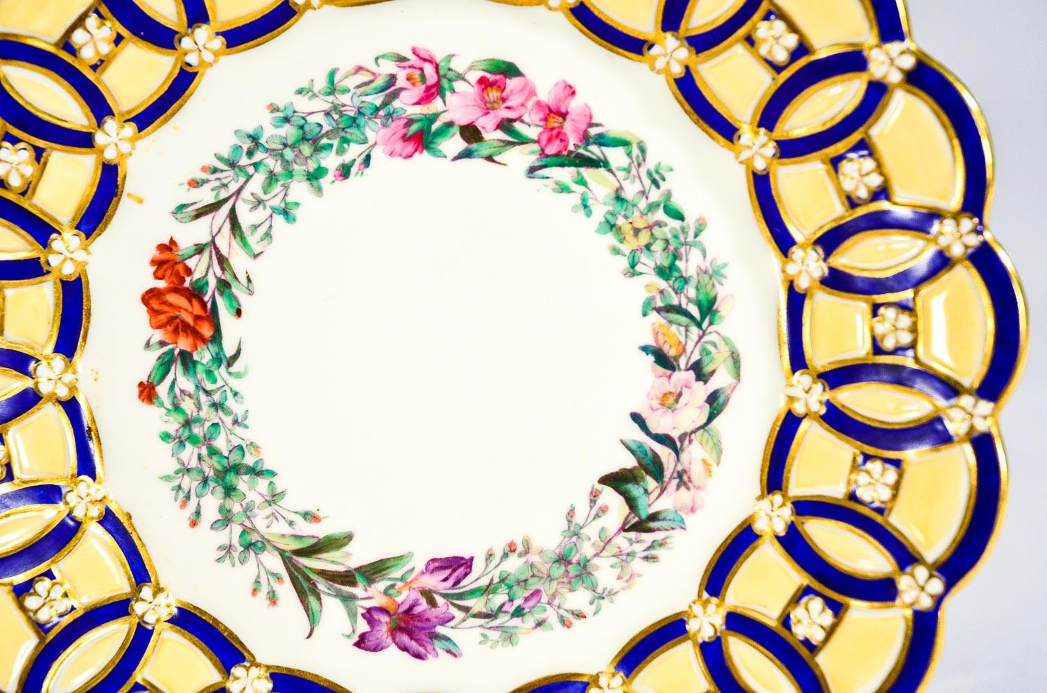 Early 20th Century 8 Spode Aesthetic Movement Hand Painted Blue & Ivory Floral Dessert Plates For Sale